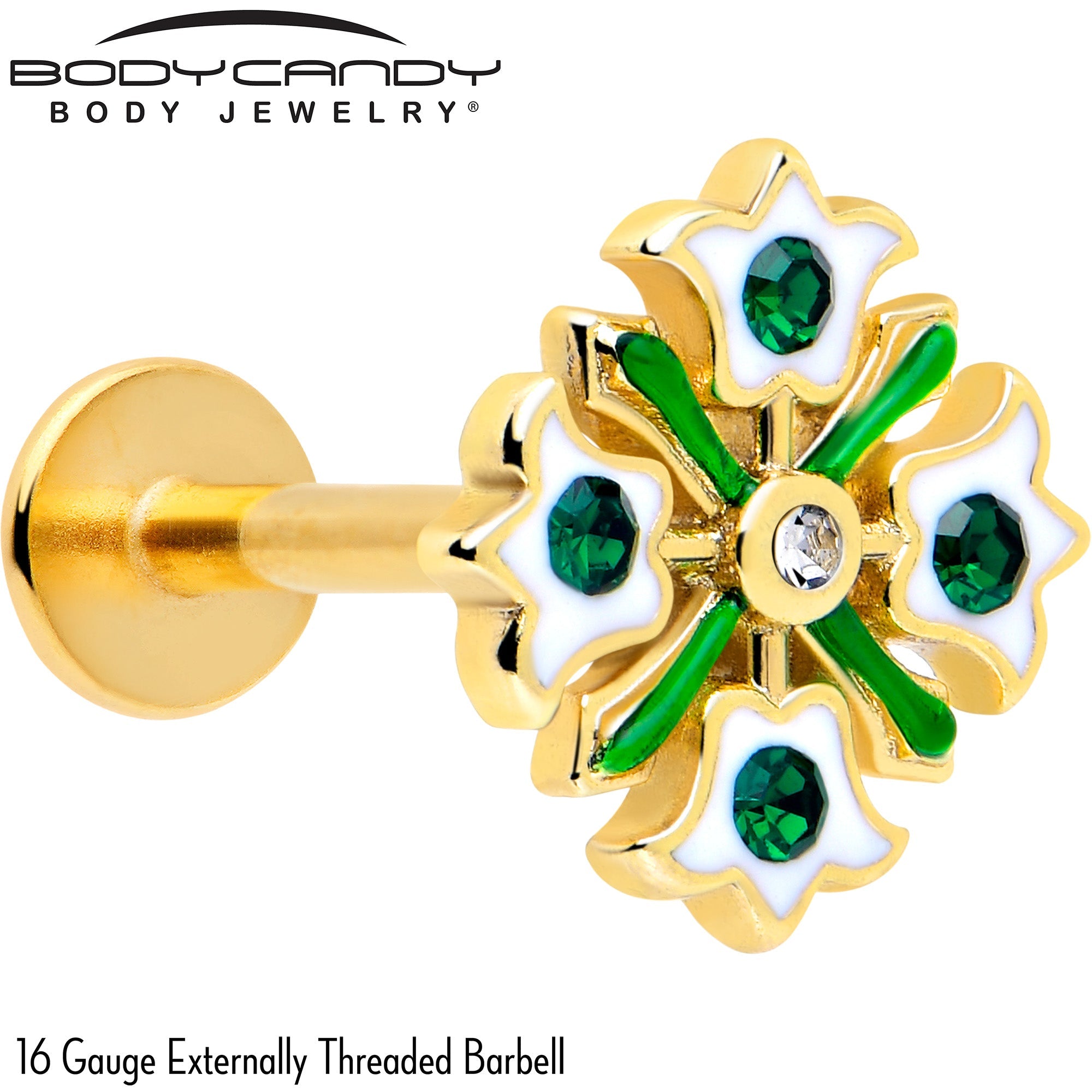 BodyCandy 16G 5/16 Green CZ Gem Gold Tone Flower Wreath Flatback Stud — detail close-up