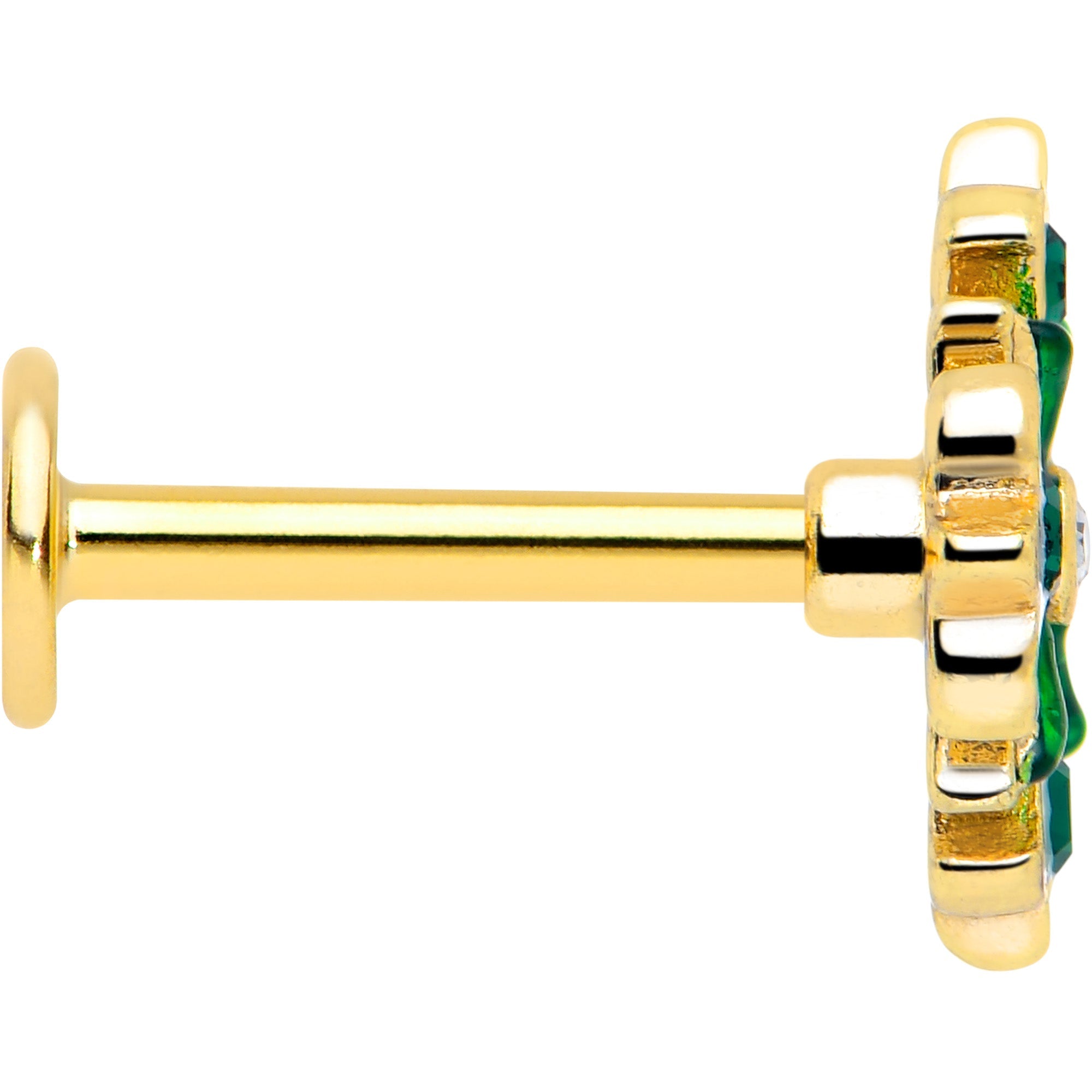 BodyCandy 16G 5/16 Green CZ Gem Gold Tone Flower Wreath Flatback Stud — side view