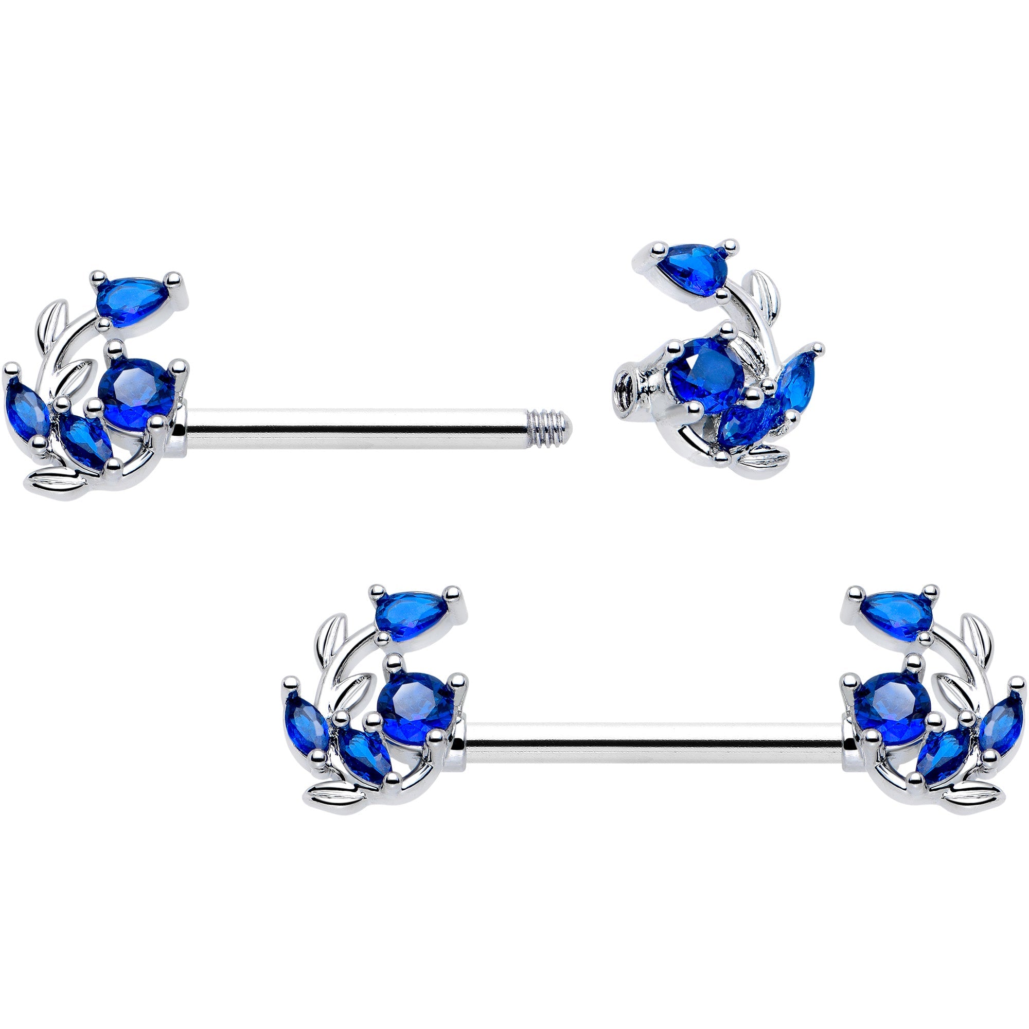 BodyCandy 14G 9/16 Blue Gem Twining Vine Barbell Nipple Ring Set — detail close-up