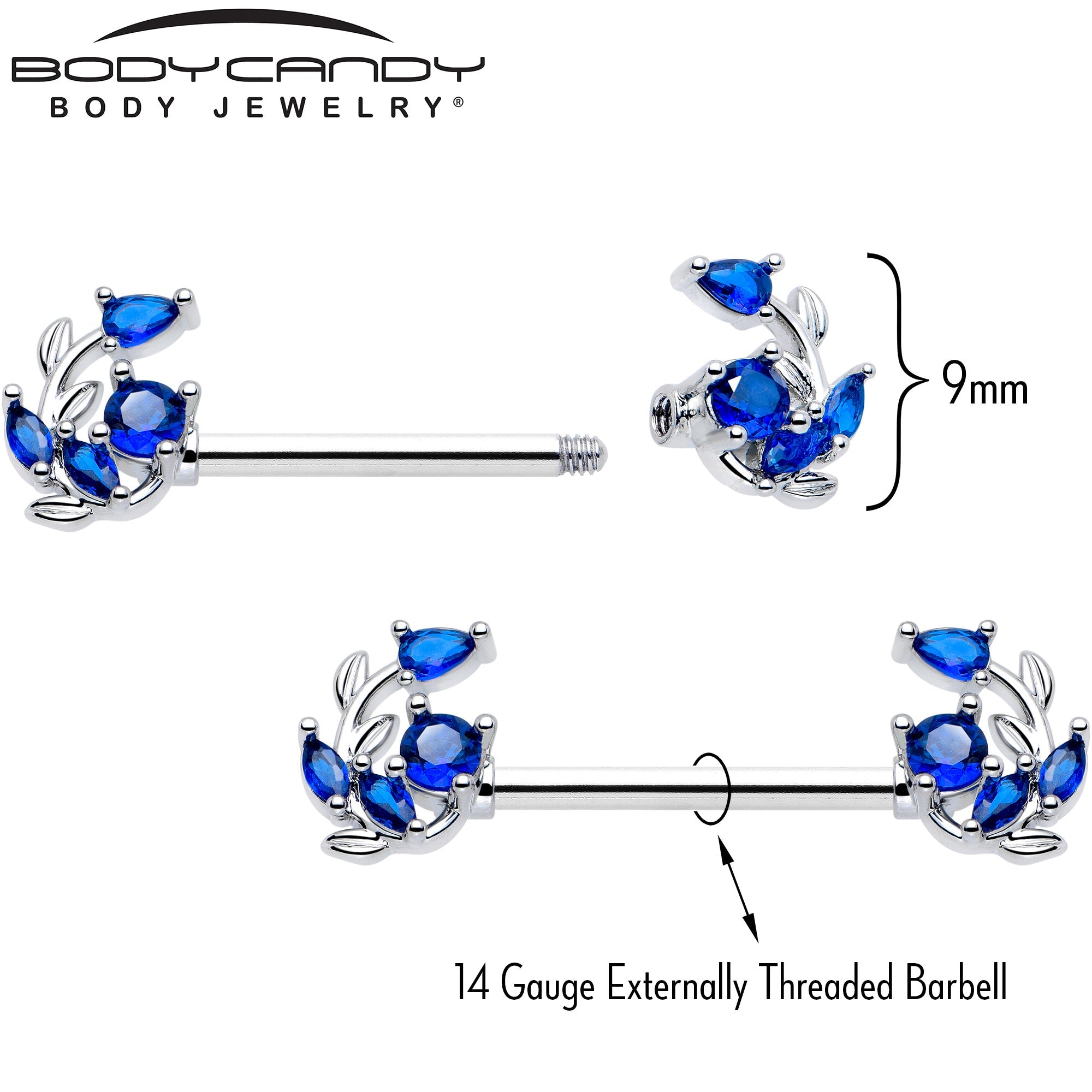 BodyCandy 14G 9/16 Blue Gem Twining Vine Barbell Nipple Ring Set — lifestyle context