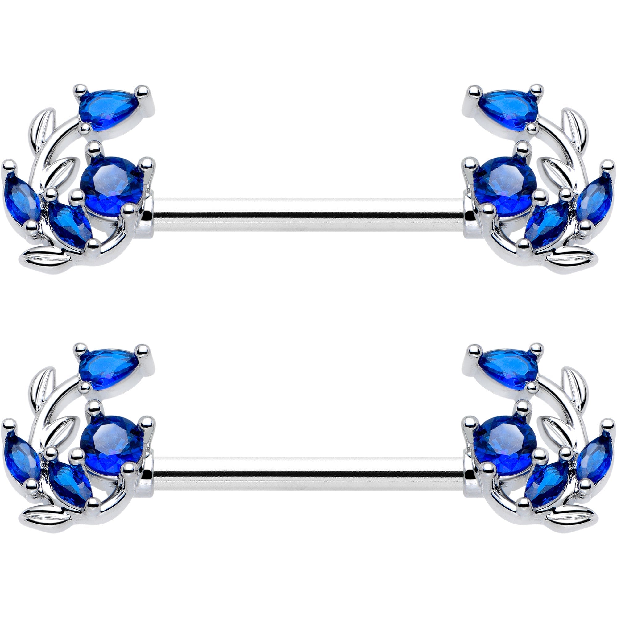 BodyCandy 14G 9/16 Blue Gem Twining Vine Barbell Nipple Ring Set — side view