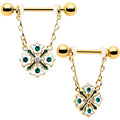 BodyCandy 14G 9/16 Green Gem Gold Tone Flower Wreath Dangle Nipple Ring Set — main product shot