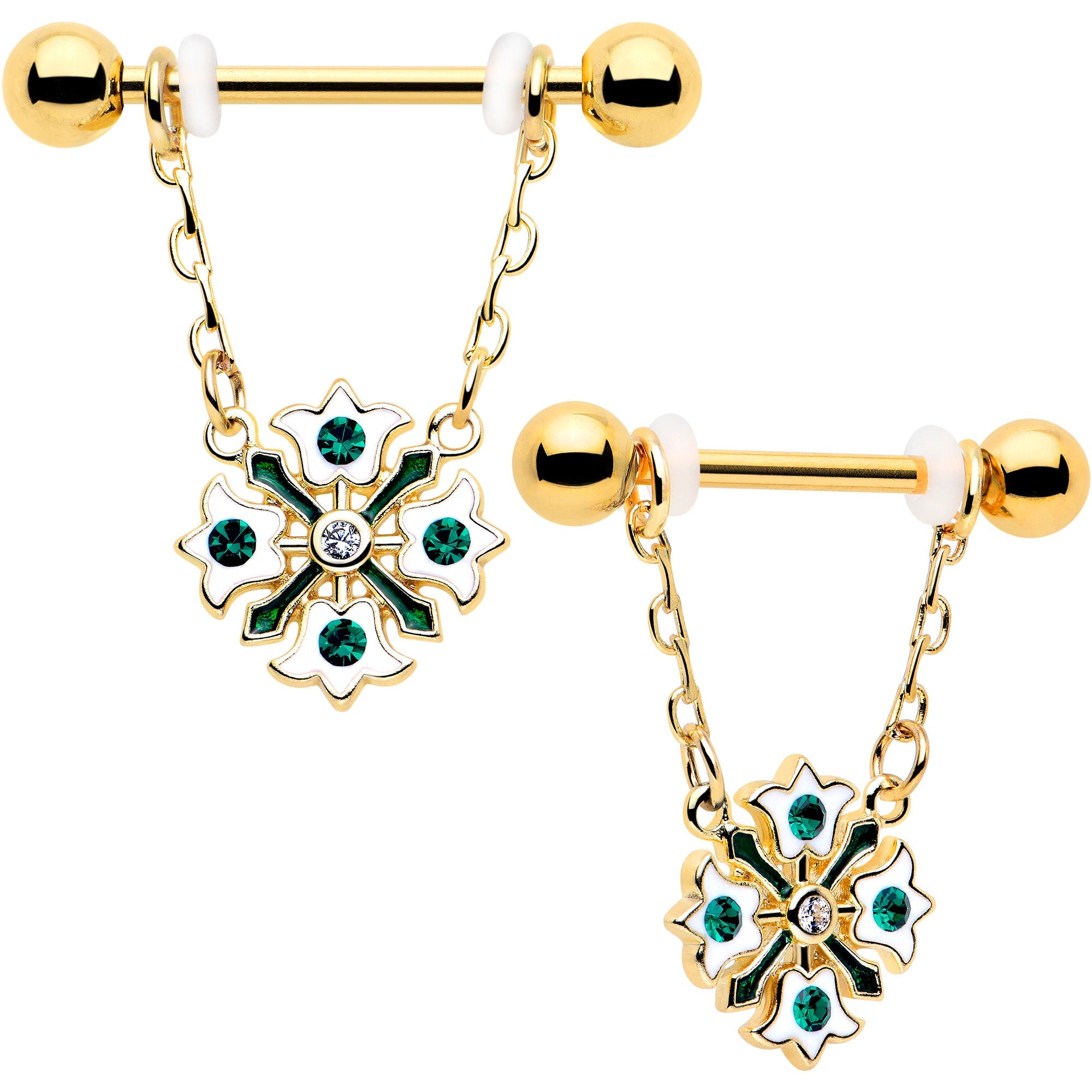 BodyCandy 14G 9/16 Green Gem Gold Tone Flower Wreath Dangle Nipple Ring Set — main product shot