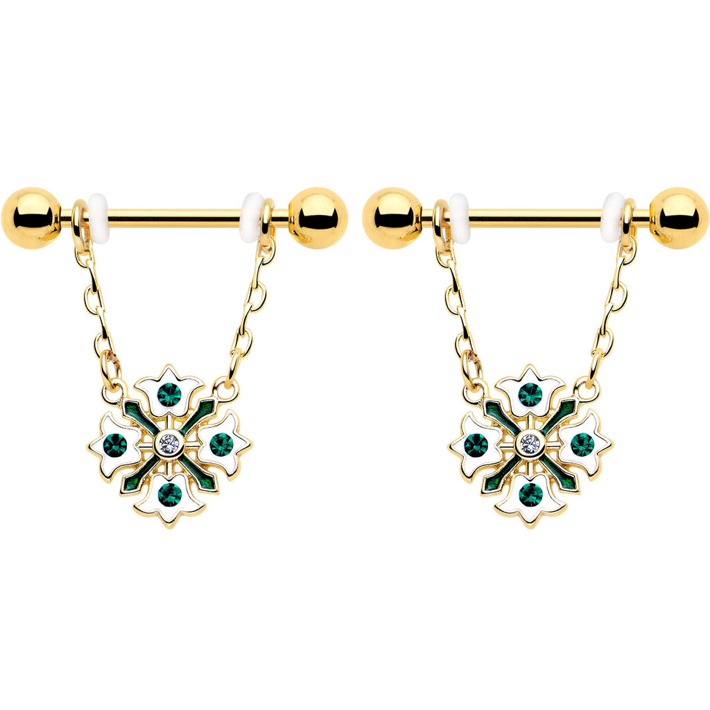 BodyCandy 14G 9/16 Green Gem Gold Tone Flower Wreath Dangle Nipple Ring Set — detail close-up
