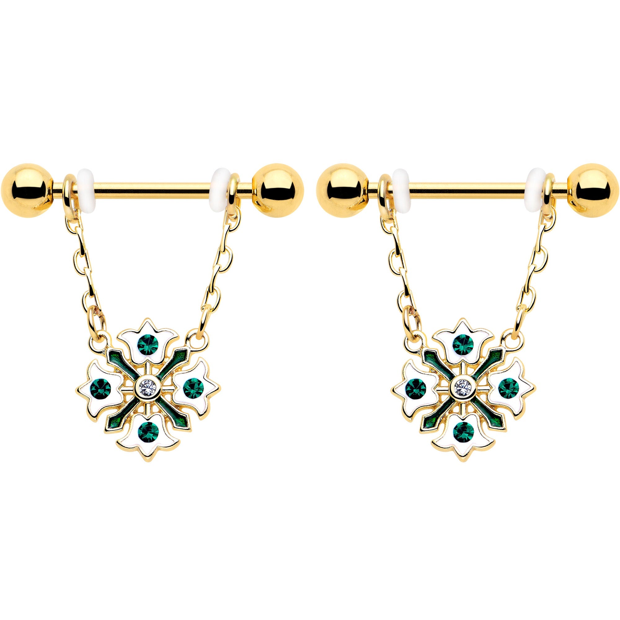 BodyCandy 14G 9/16 Green Gem Gold Tone Flower Wreath Dangle Nipple Ring Set — detail close-up
