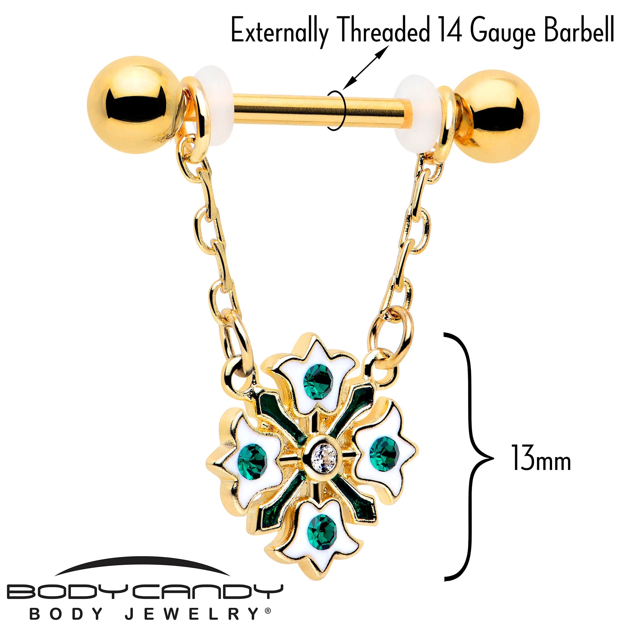 BodyCandy 14G 9/16 Green Gem Gold Tone Flower Wreath Dangle Nipple Ring Set — lifestyle context