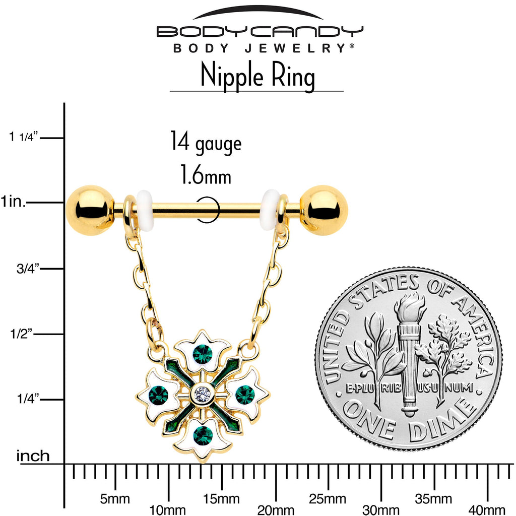 BodyCandy 14G 9/16 Green Gem Gold Tone Flower Wreath Dangle Nipple Ring Set — side view