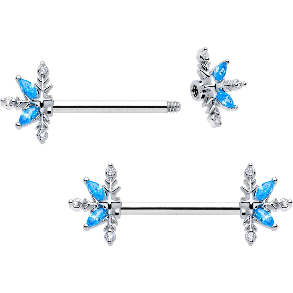 BodyCandy 14G 9/16 Blue CZ Gem Classic Flower Barbell Nipple Ring Set — detail close-up