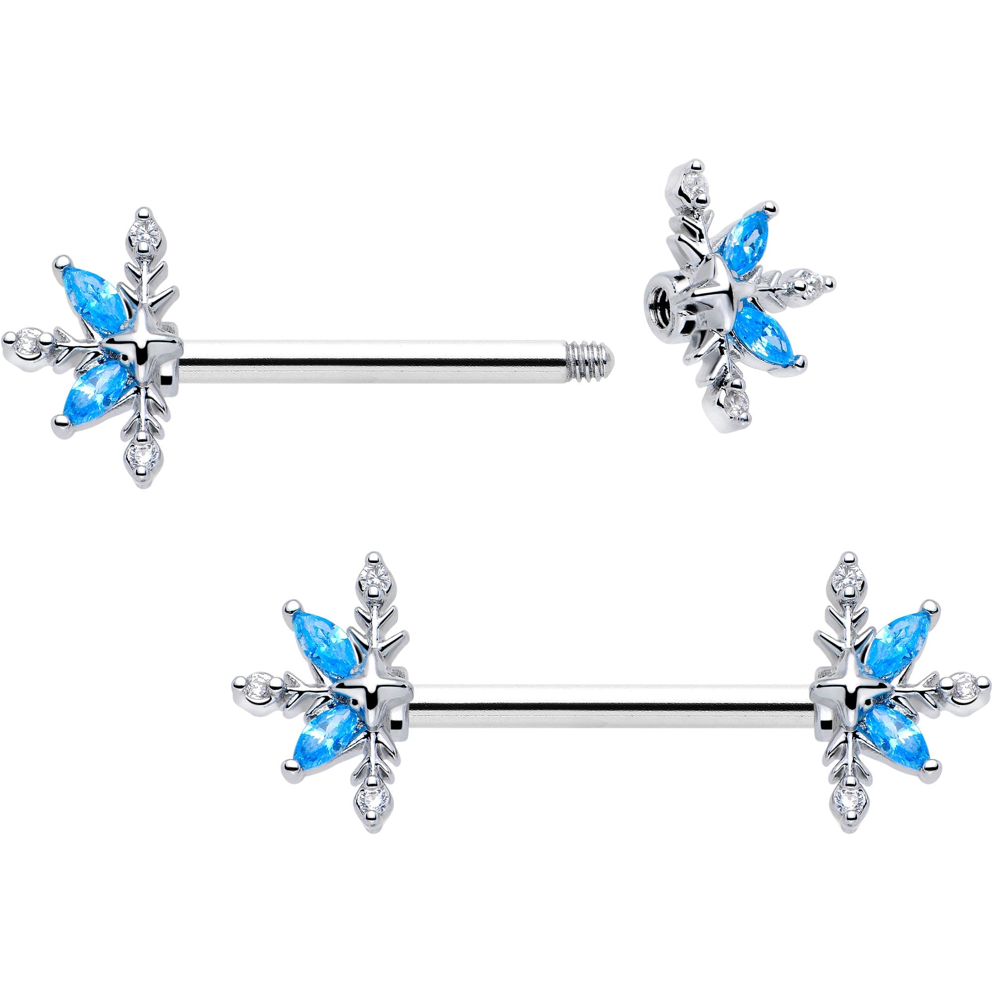 BodyCandy 14G 9/16 Blue CZ Gem Classic Flower Barbell Nipple Ring Set — detail close-up