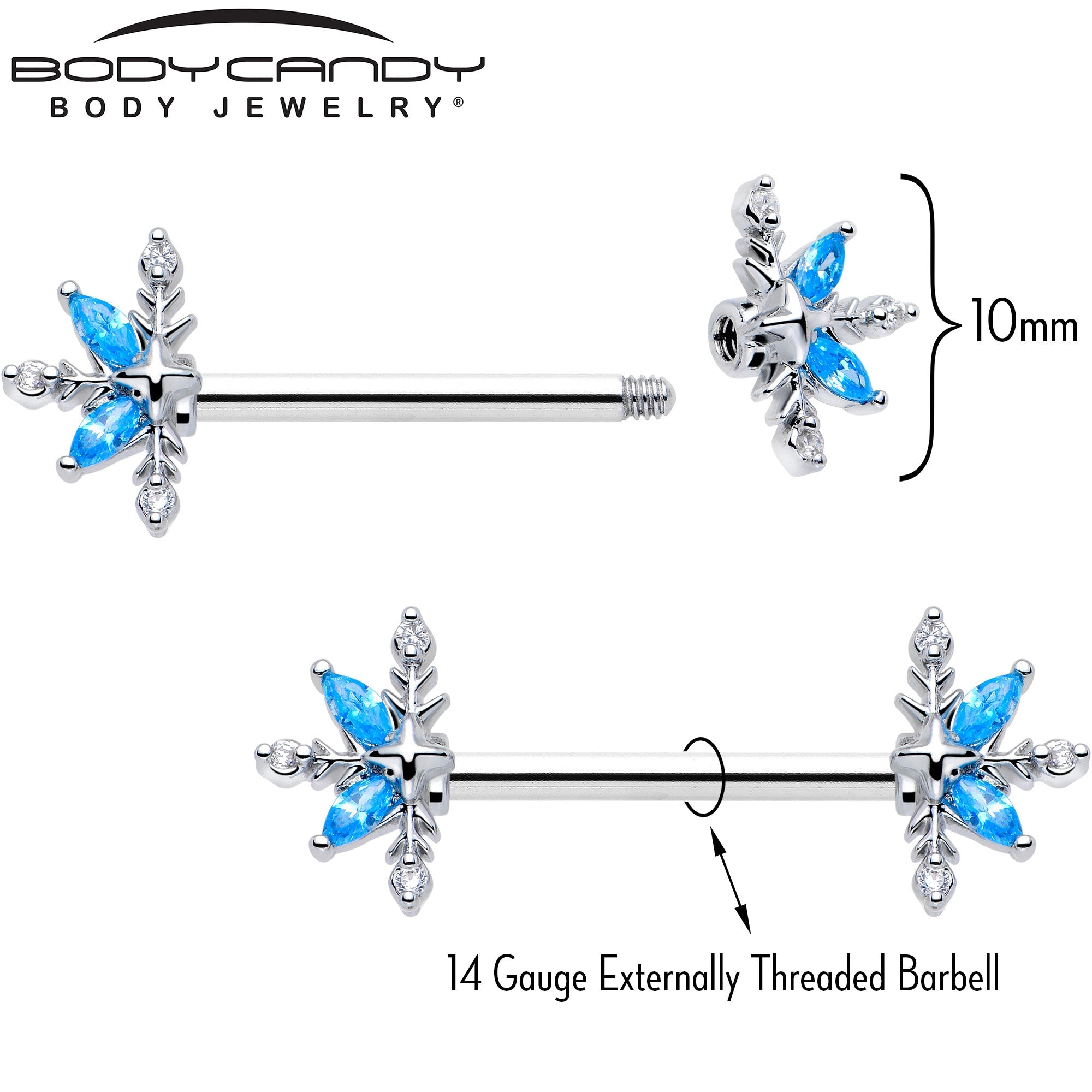 BodyCandy 14G 9/16 Blue CZ Gem Classic Flower Barbell Nipple Ring Set — lifestyle context