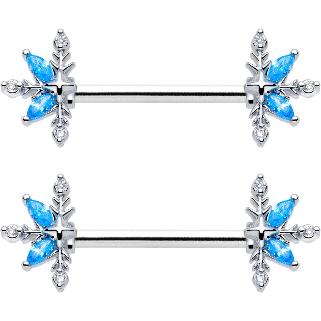 BodyCandy 14G 9/16 Blue CZ Gem Classic Flower Barbell Nipple Ring Set — side view