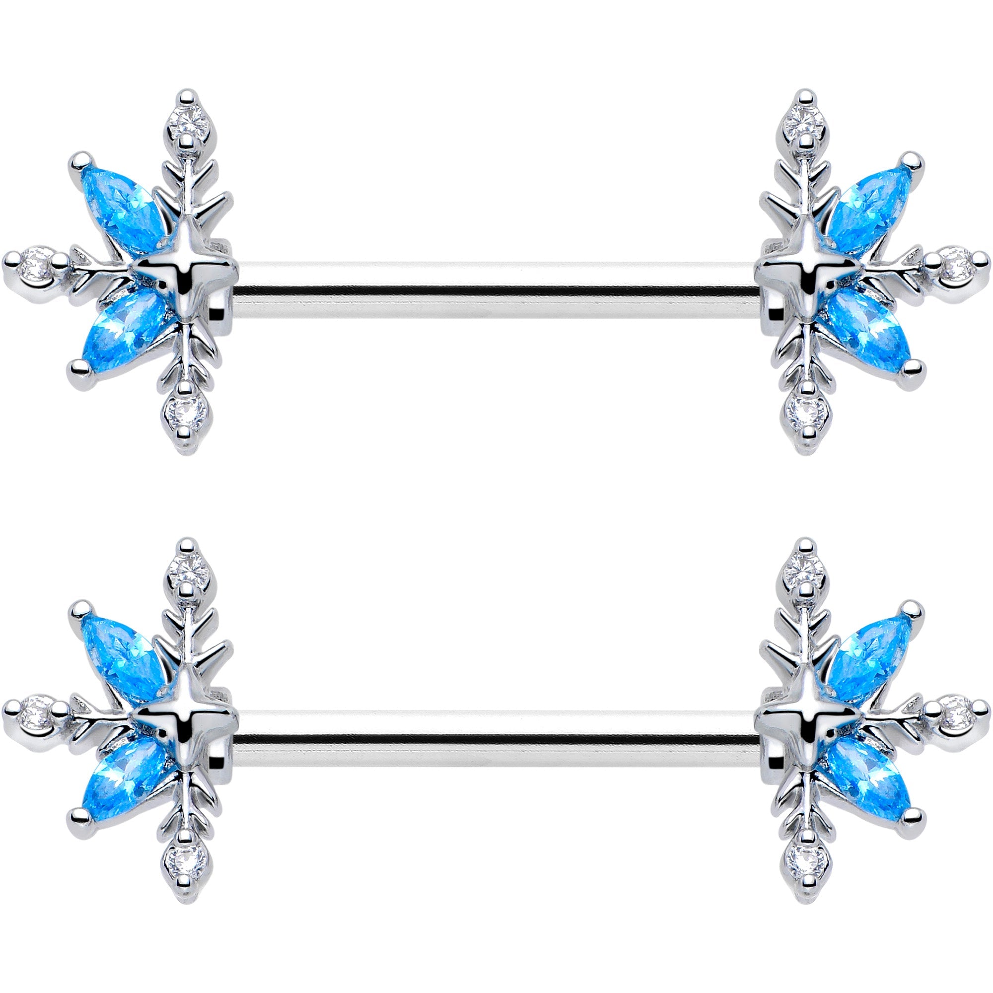 BodyCandy 14G 9/16 Blue CZ Gem Classic Flower Barbell Nipple Ring Set — side view