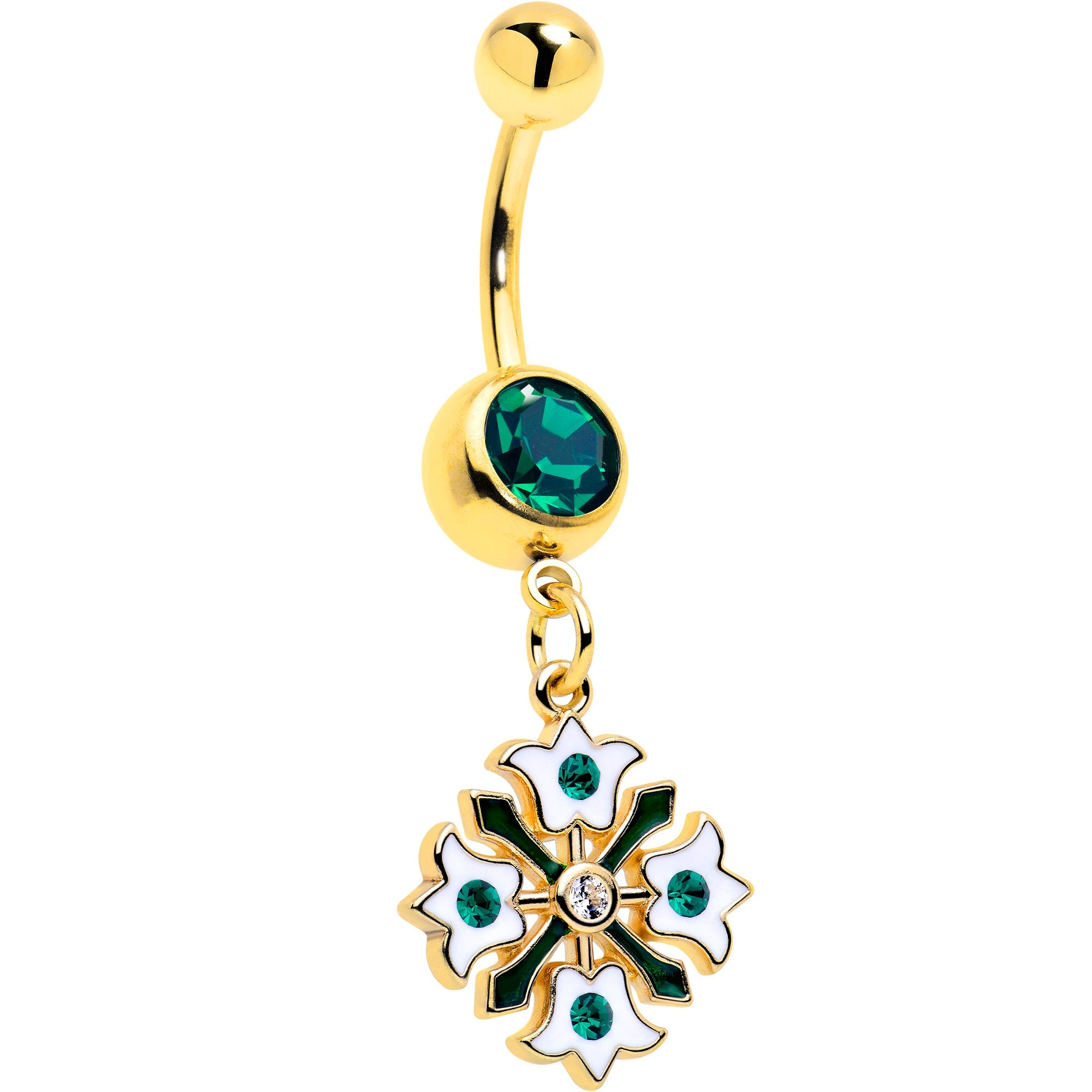 BodyCandy Green Gem Gold Tone Flower Wreath Dangle Belly Ring — main product shot