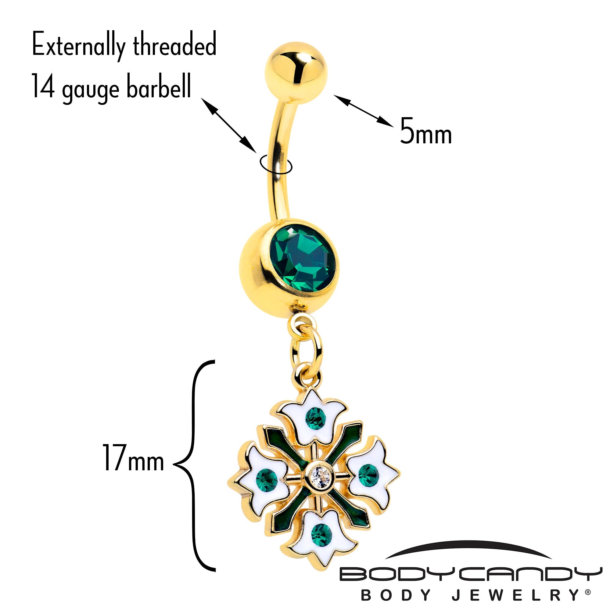 BodyCandy Green Gem Gold Tone Flower Wreath Dangle Belly Ring — detail close-up