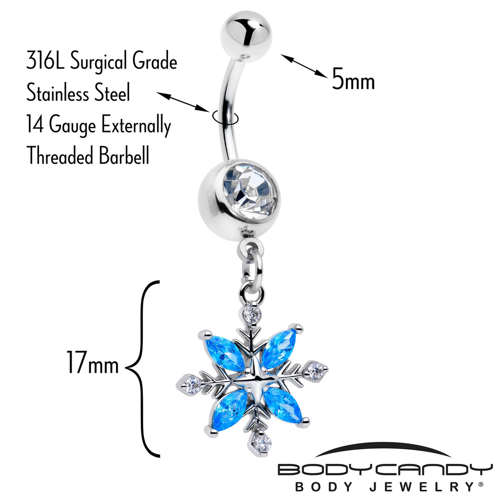 BodyCandy Clear Blue CZ Gem Classic Flower Dangle Belly Ring — detail close-up