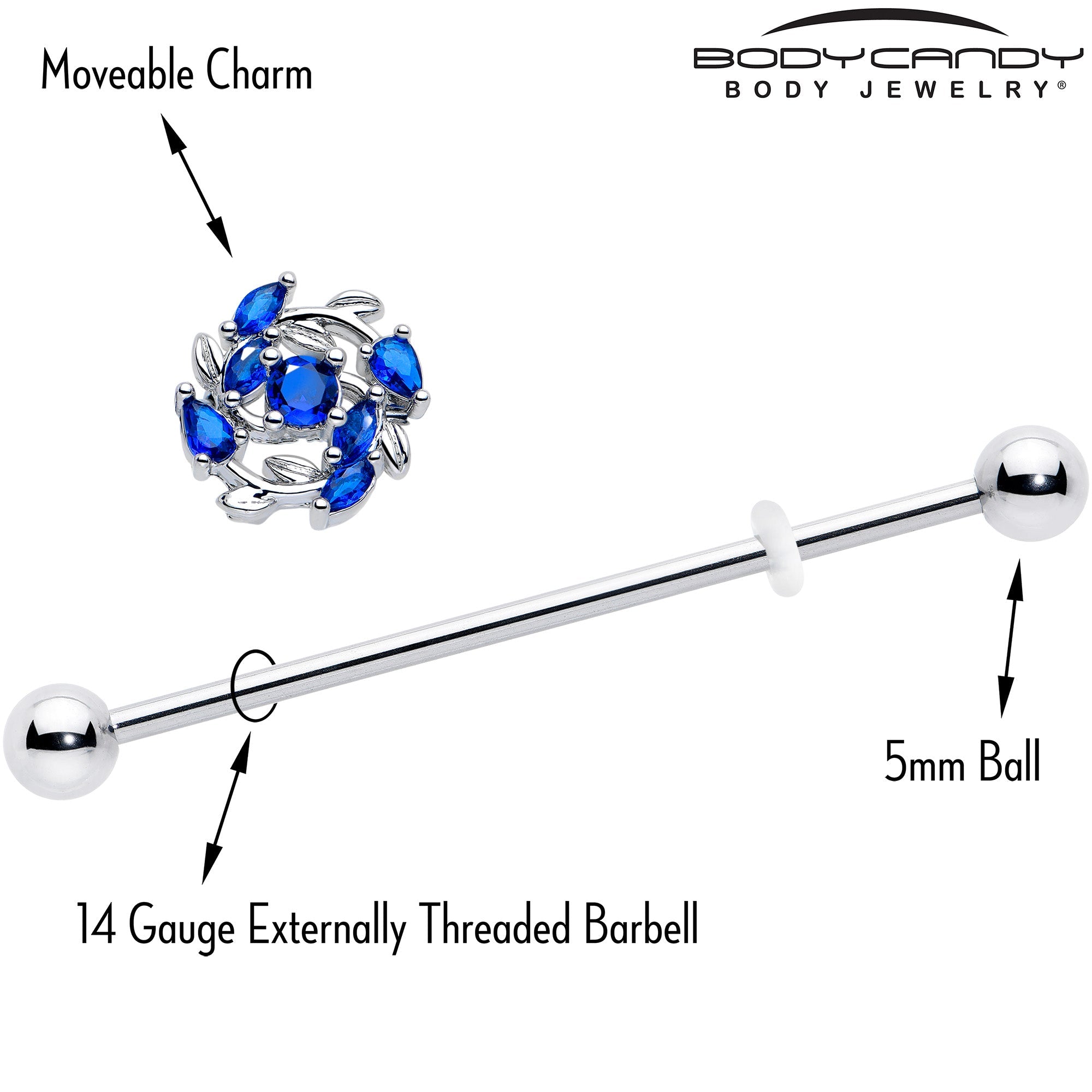 BodyCandy 14G Blue Gem Twining Vine Industrial Barbell 38mm — side view
