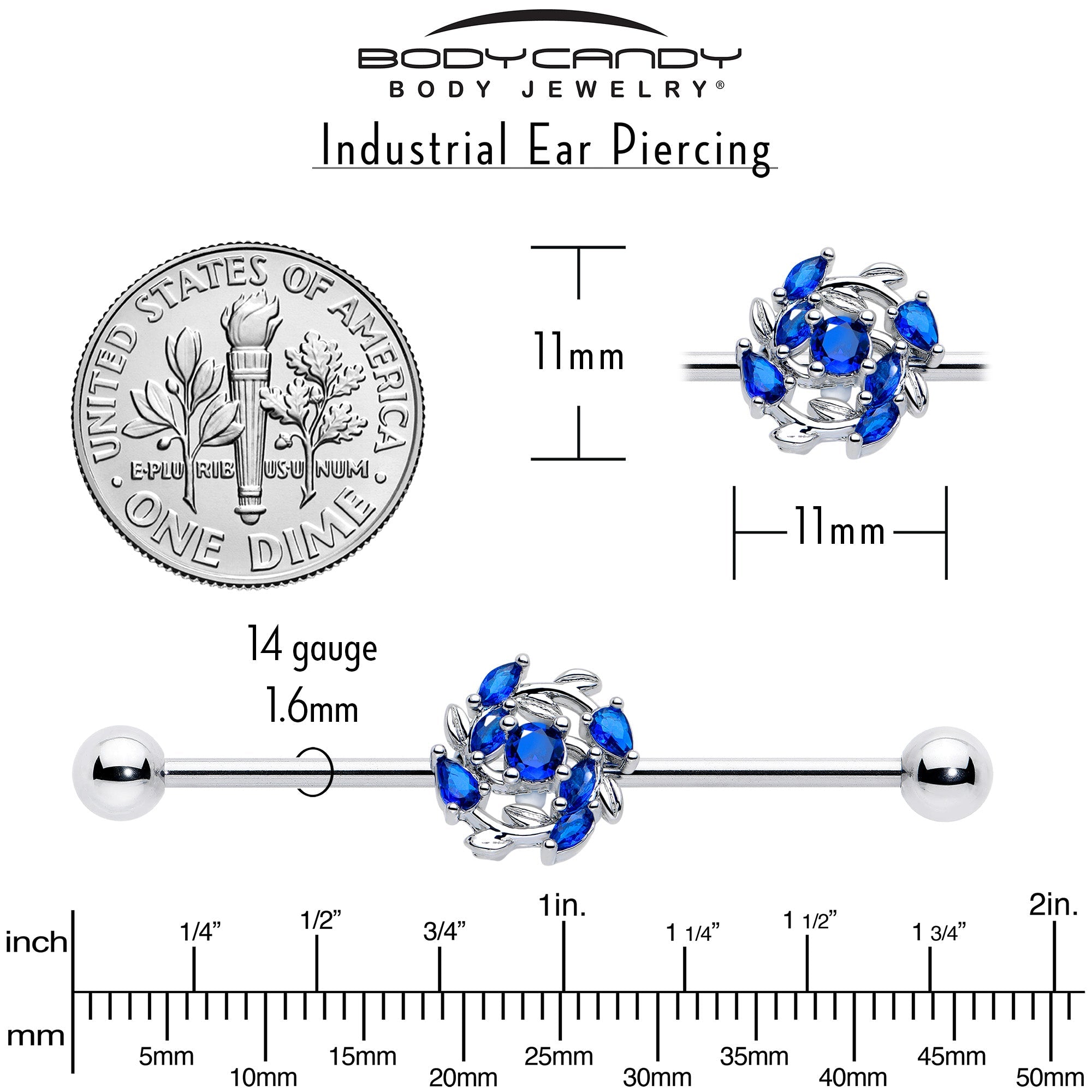 BodyCandy 14G Blue Gem Twining Vine Industrial Barbell 38mm — back view