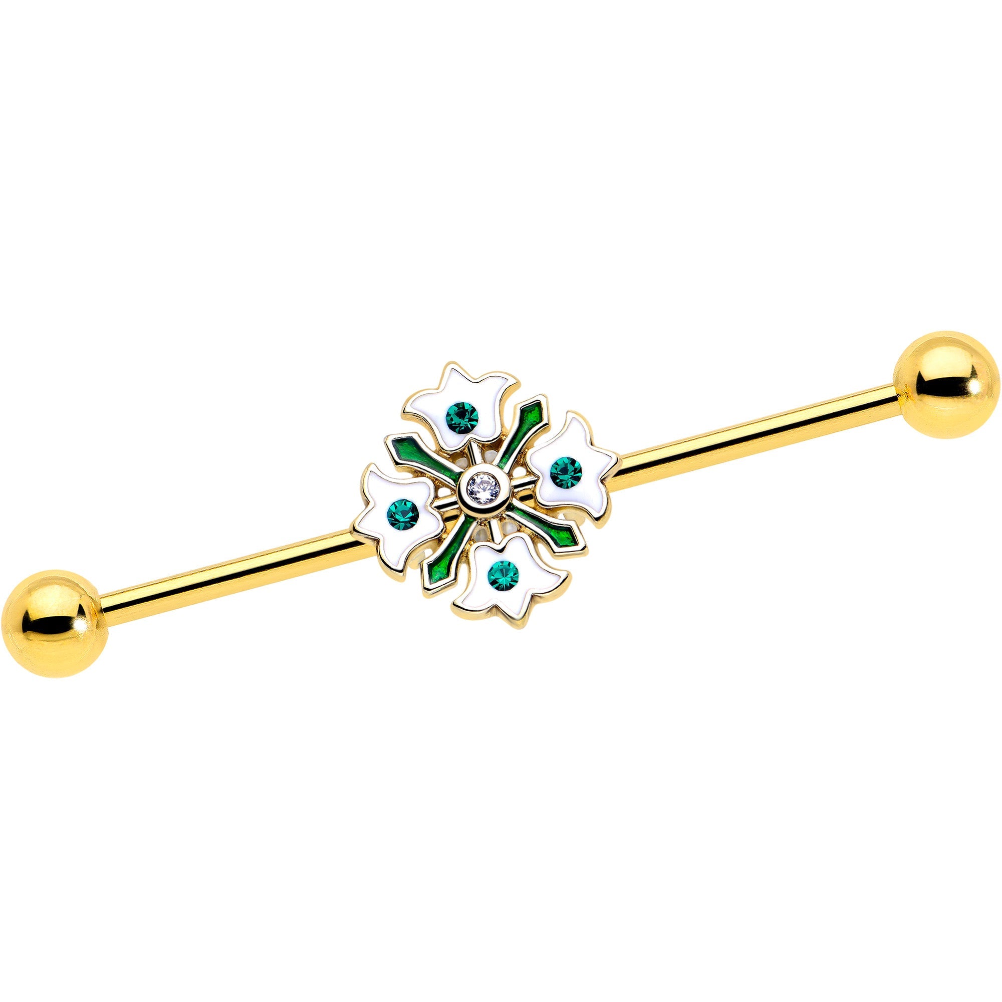 BodyCandy 14G Green Gem Gold Tone Flower Wreath Industrial Barbell 38mm — main product shot