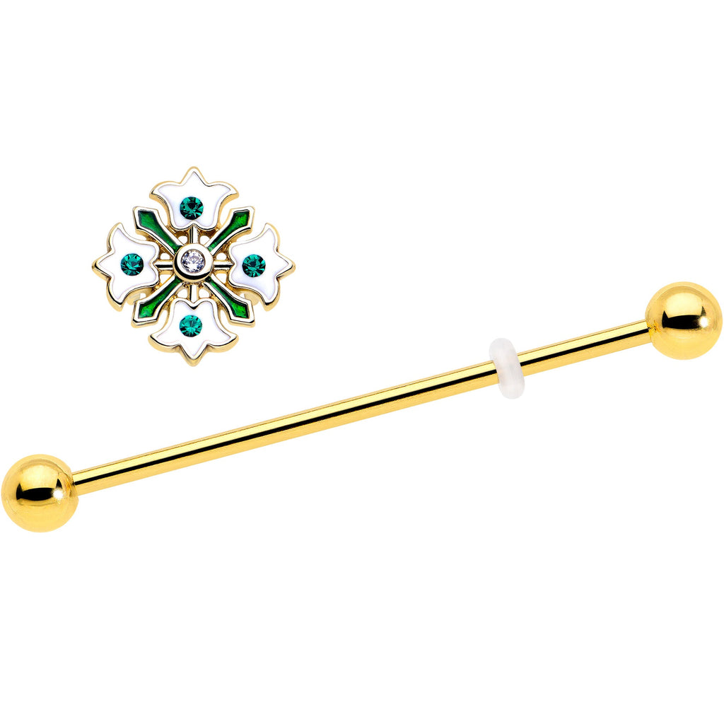 BodyCandy 14G Green Gem Gold Tone Flower Wreath Industrial Barbell 38mm — detail close-up