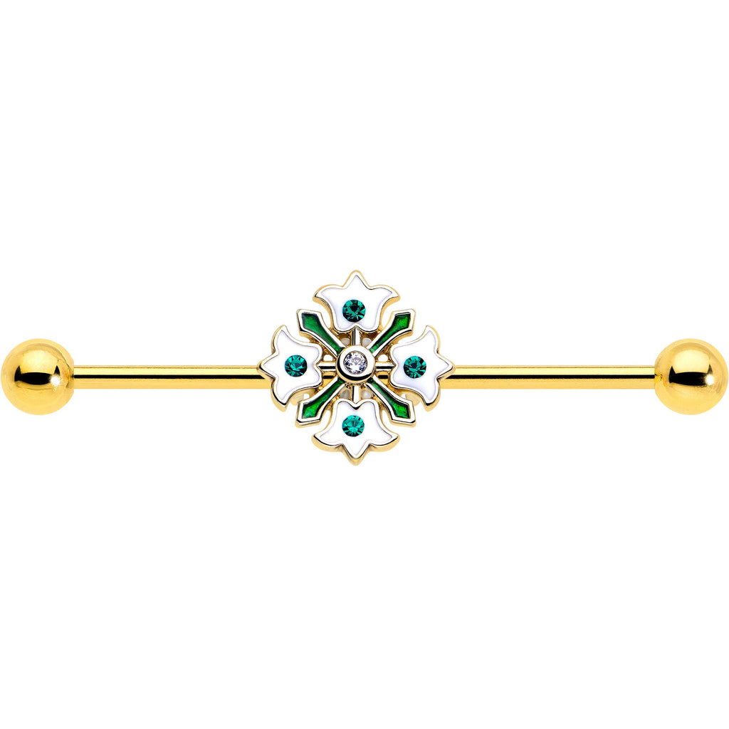 BodyCandy 14G Green Gem Gold Tone Flower Wreath Industrial Barbell 38mm — lifestyle context