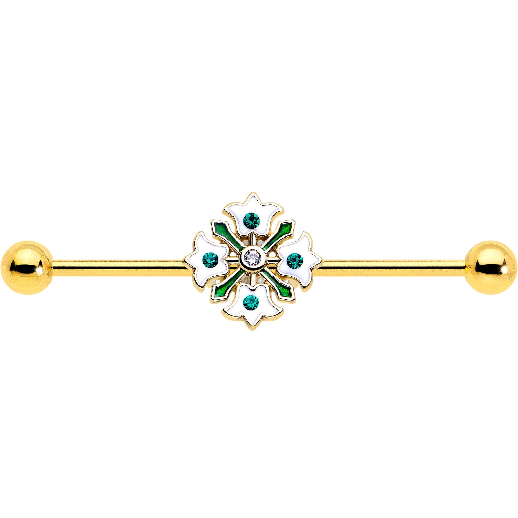 BodyCandy 14G Green Gem Gold Tone Flower Wreath Industrial Barbell 38mm — lifestyle context