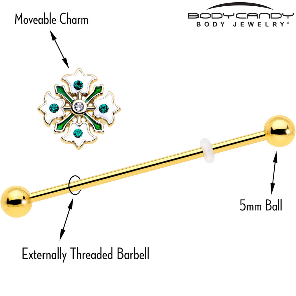 BodyCandy 14G Green Gem Gold Tone Flower Wreath Industrial Barbell 38mm — side view