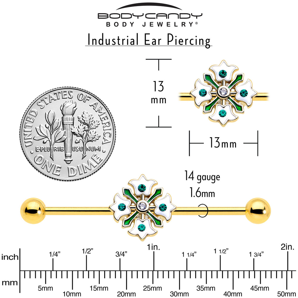BodyCandy 14G Green Gem Gold Tone Flower Wreath Industrial Barbell 38mm — back view