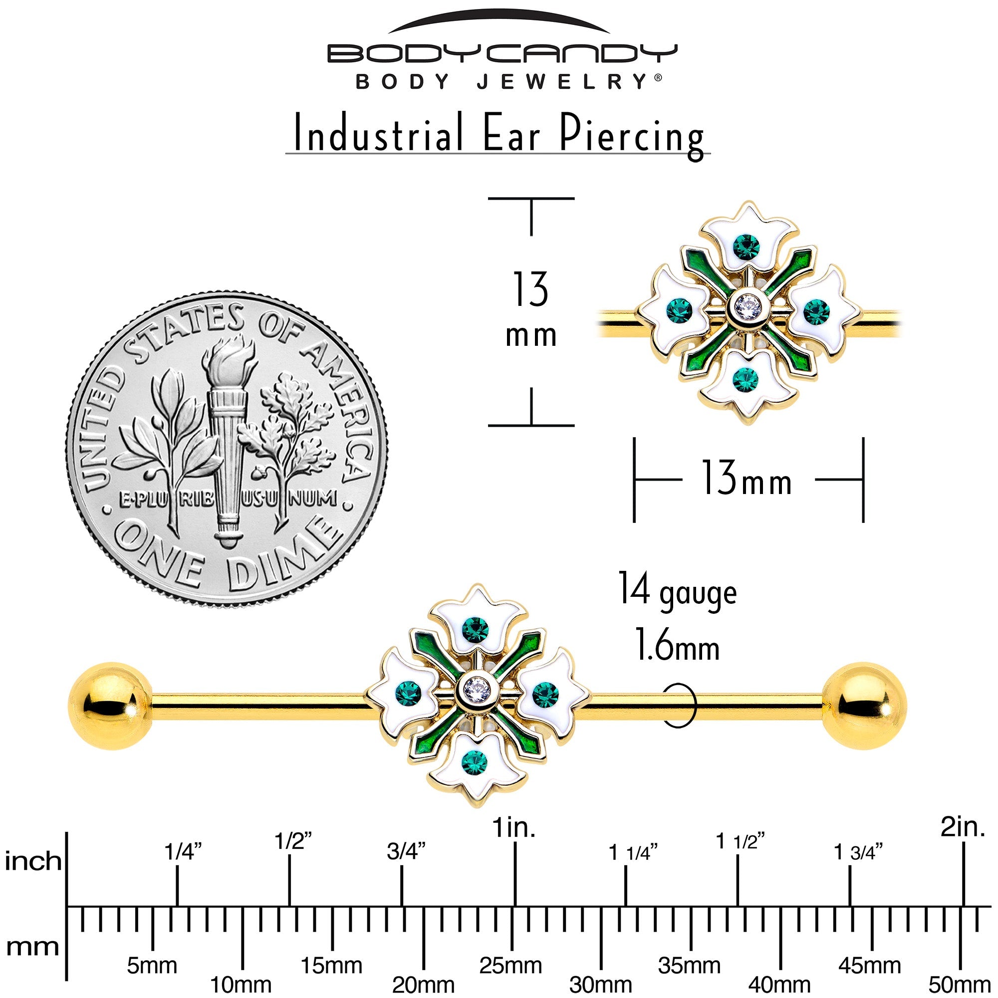 BodyCandy 14G Green Gem Gold Tone Flower Wreath Industrial Barbell 38mm — back view
