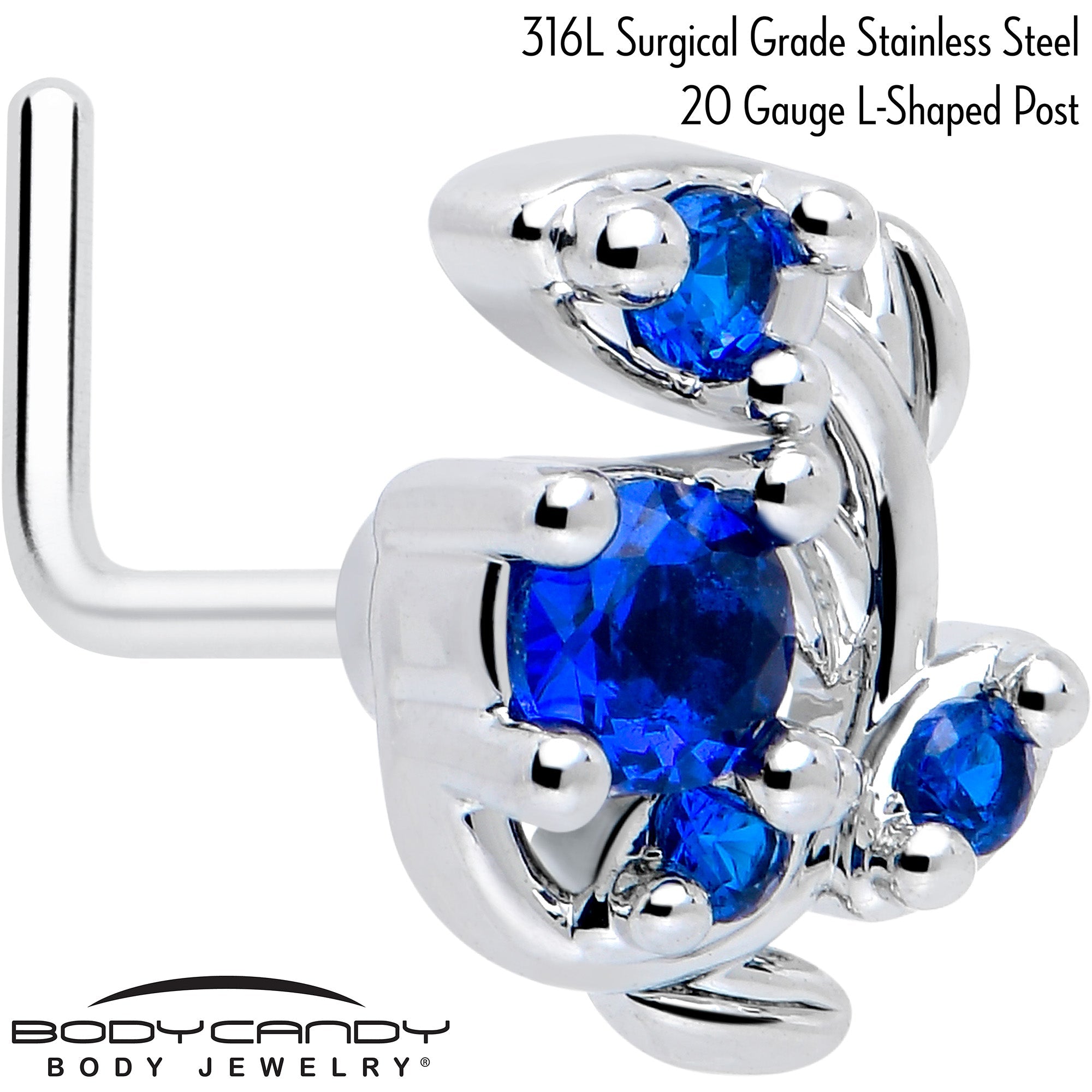 BodyCandy 20G 7mm Blue Gem Twining Vine L Shape Nose Ring — detail close-up