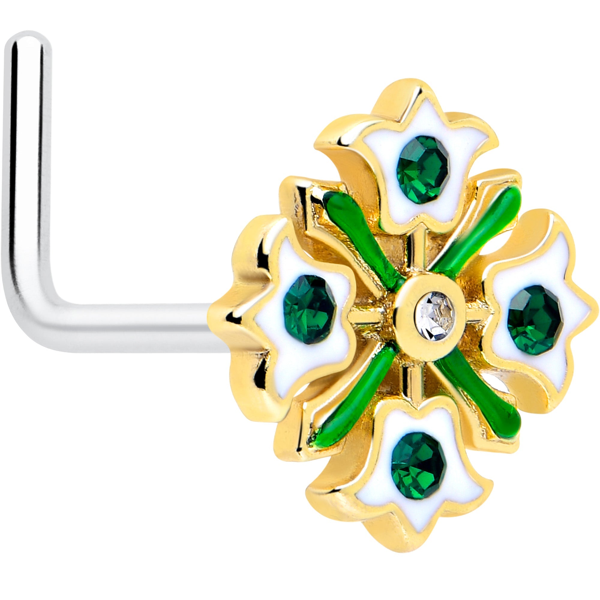 BodyCandy 20G 7mm Green Gem Flower Wreath L Shape Nose Ring — main product shot