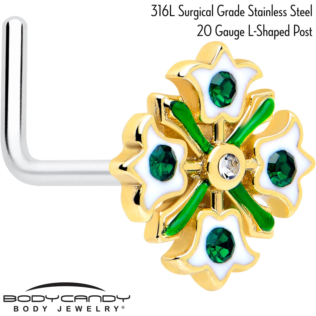 BodyCandy 20G 7mm Green Gem Flower Wreath L Shape Nose Ring — detail close-up