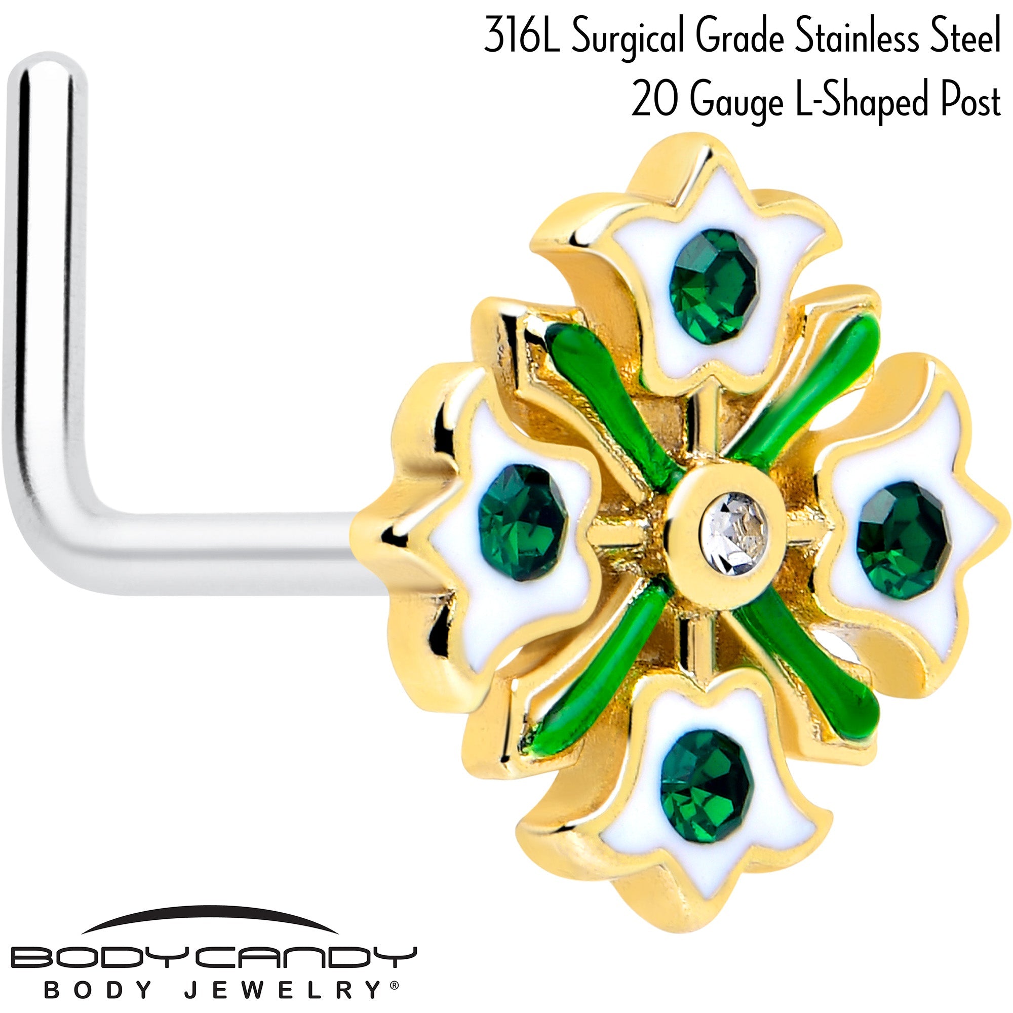 BodyCandy 20G 7mm Green Gem Flower Wreath L Shape Nose Ring — detail close-up