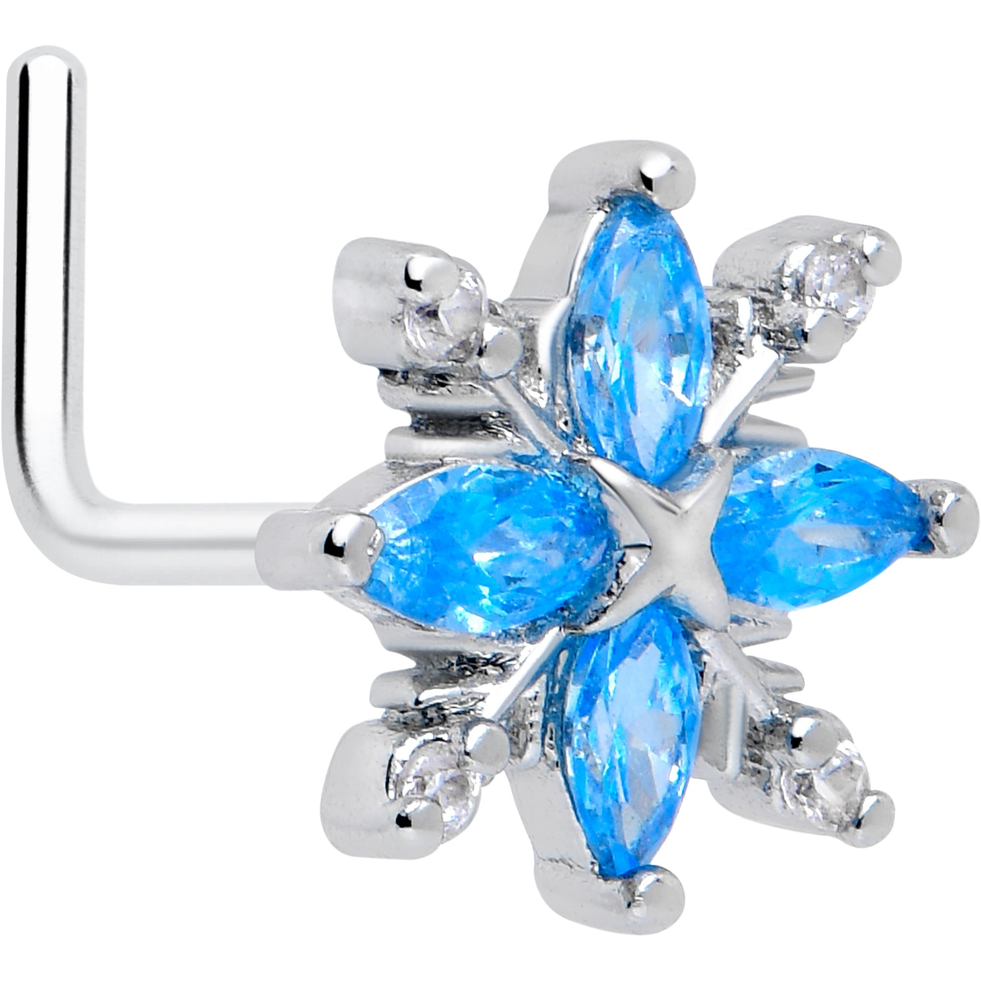 BodyCandy 20G 7mm Blue CZ Gem Classic Flower L Shape Nose Ring — main product shot
