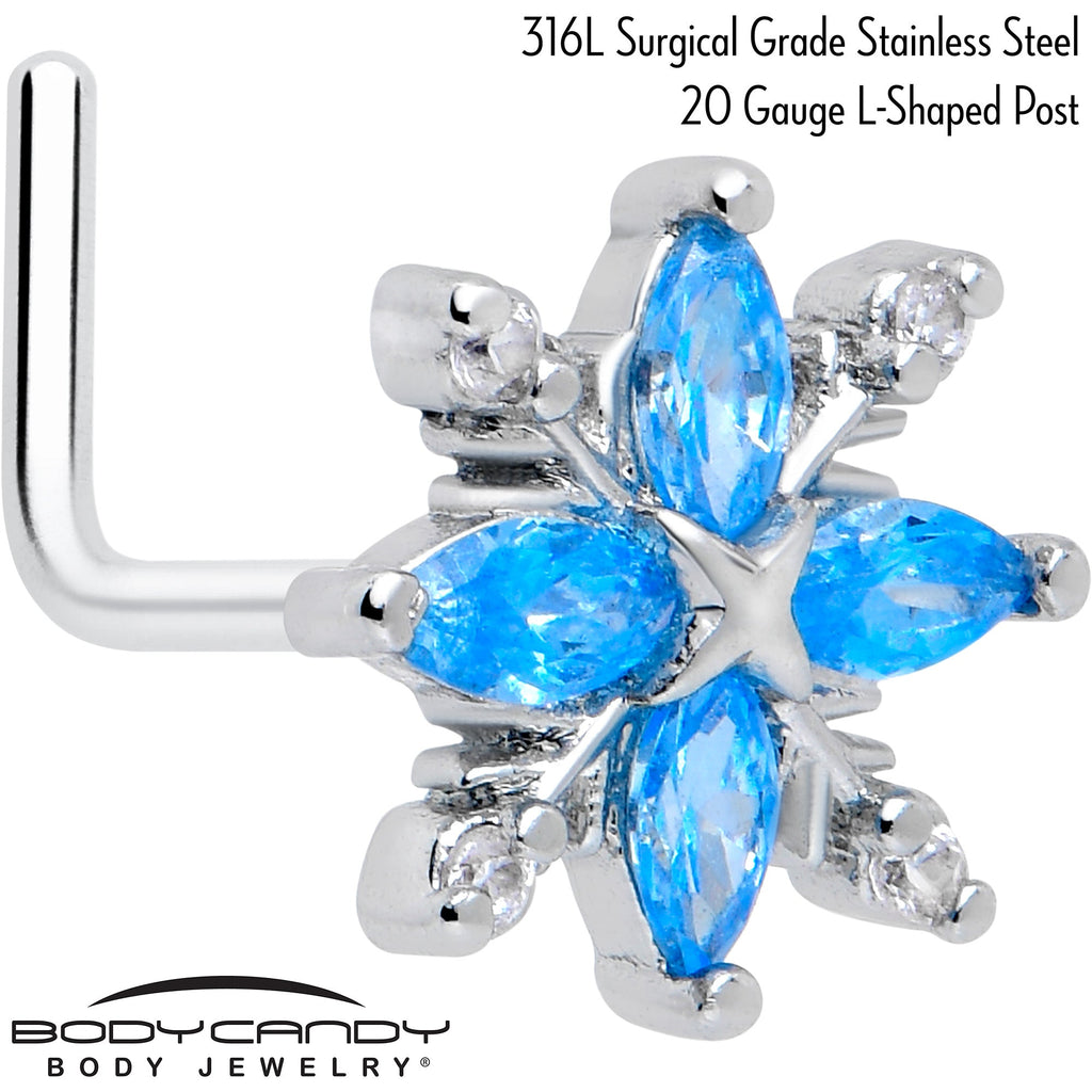 BodyCandy 20G 7mm Blue CZ Gem Classic Flower L Shape Nose Ring — detail close-up