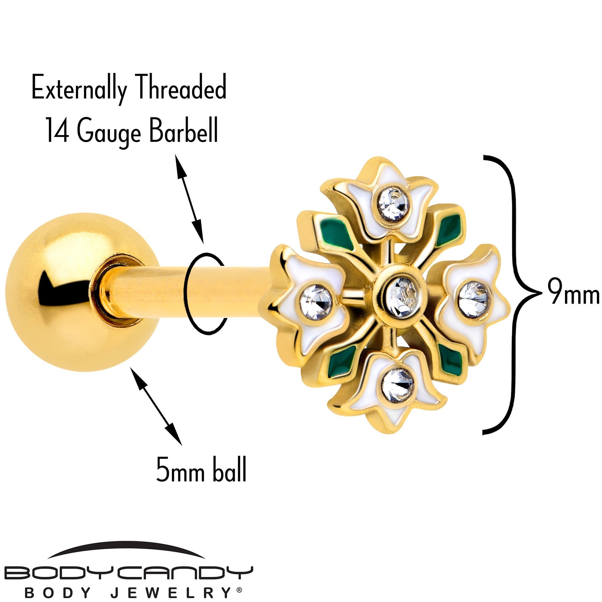 BodyCandy Clear Gem Gold Tone Flower Wreath Barbell Tongue Ring — detail close-up