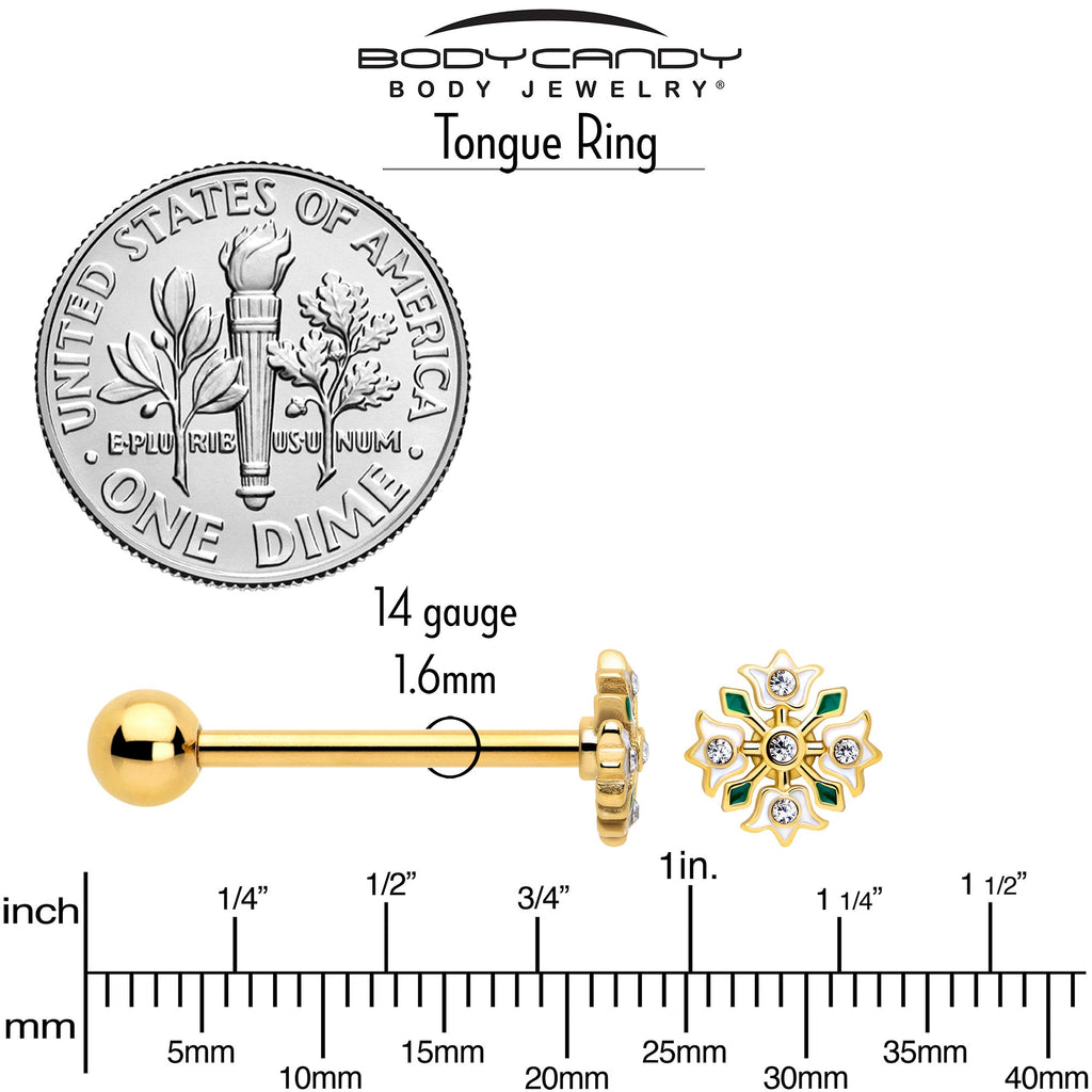 BodyCandy Clear Gem Gold Tone Flower Wreath Barbell Tongue Ring — back view