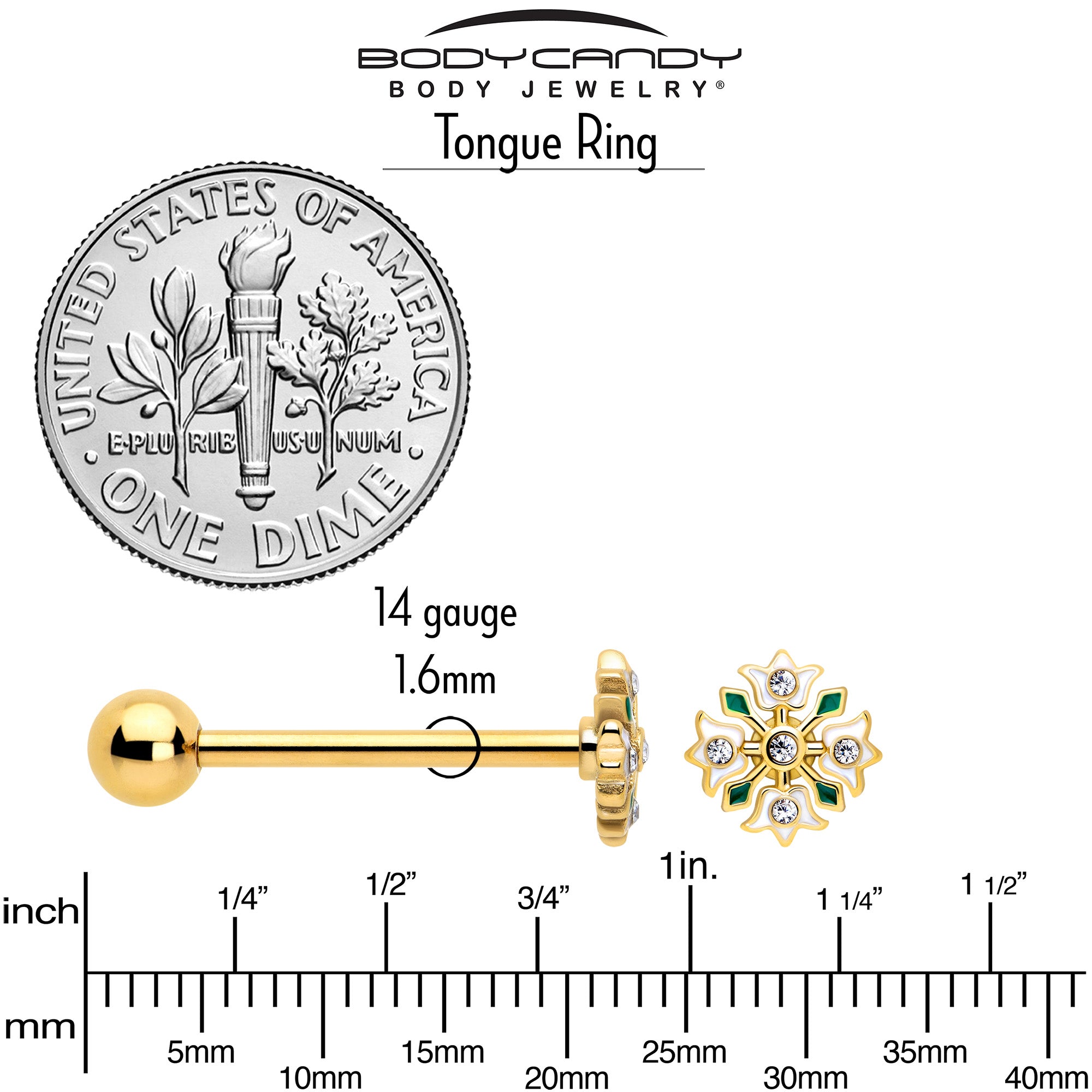 BodyCandy Clear Gem Gold Tone Flower Wreath Barbell Tongue Ring — back view