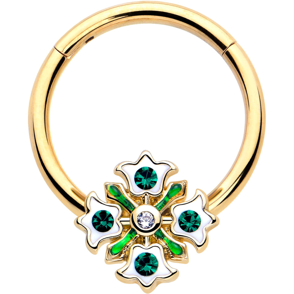 BodyCandy 16G 3/8 Green Gem Gold Tone Flower Wreath Hinged Segment Ring — main product shot