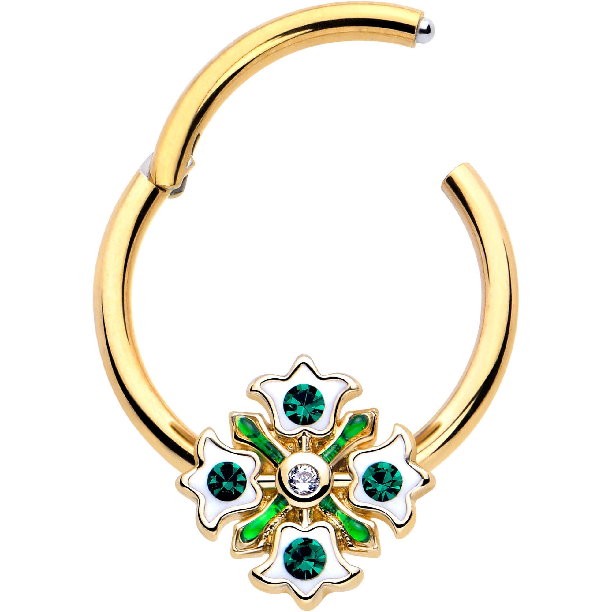 BodyCandy 16G 3/8 Green Gem Gold Tone Flower Wreath Hinged Segment Ring — detail close-up
