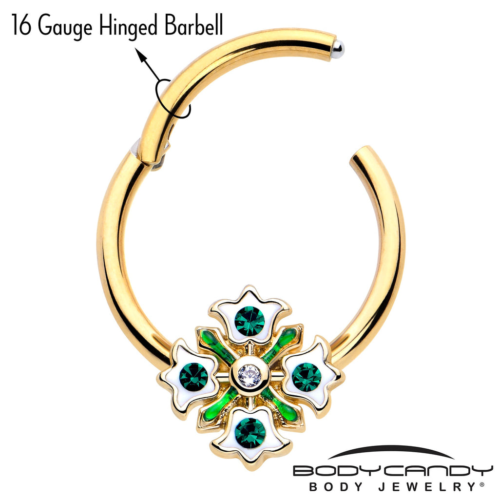 BodyCandy 16G 3/8 Green Gem Gold Tone Flower Wreath Hinged Segment Ring — lifestyle context