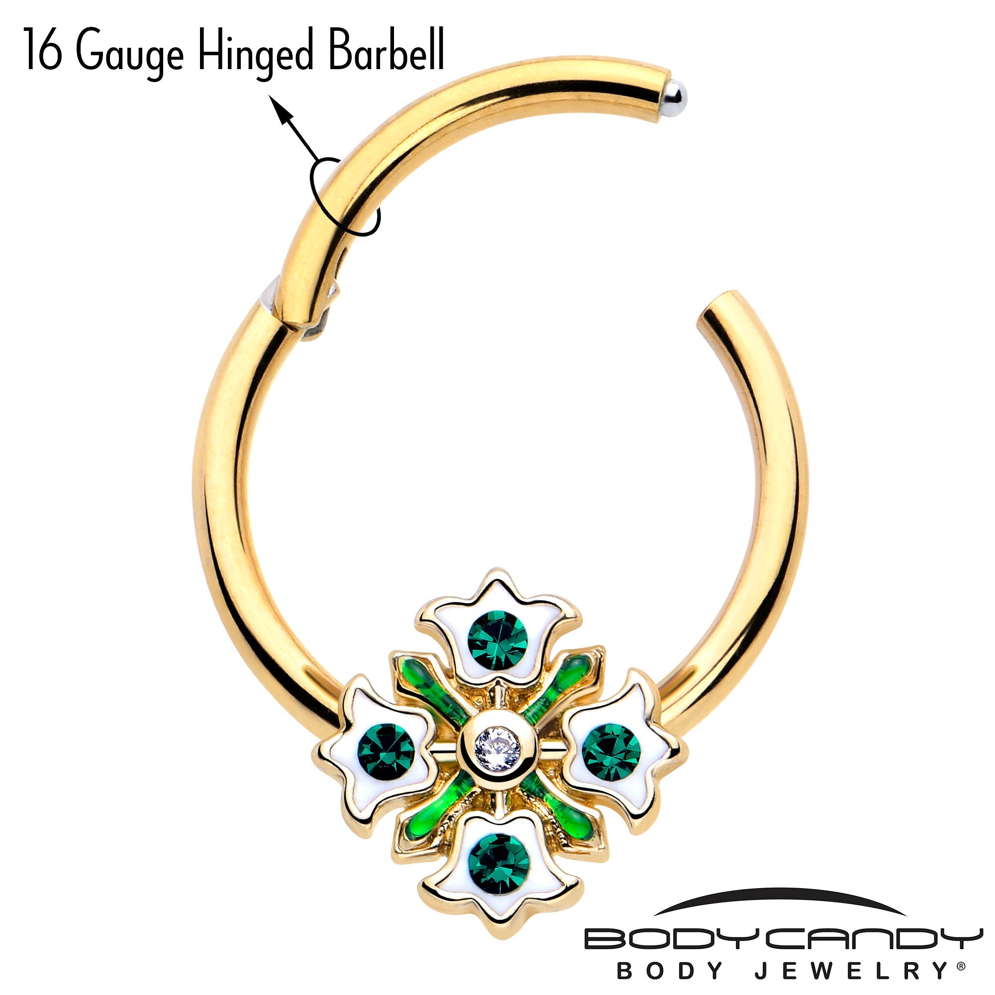 BodyCandy 16G 3/8 Green Gem Gold Tone Flower Wreath Hinged Segment Ring — lifestyle context