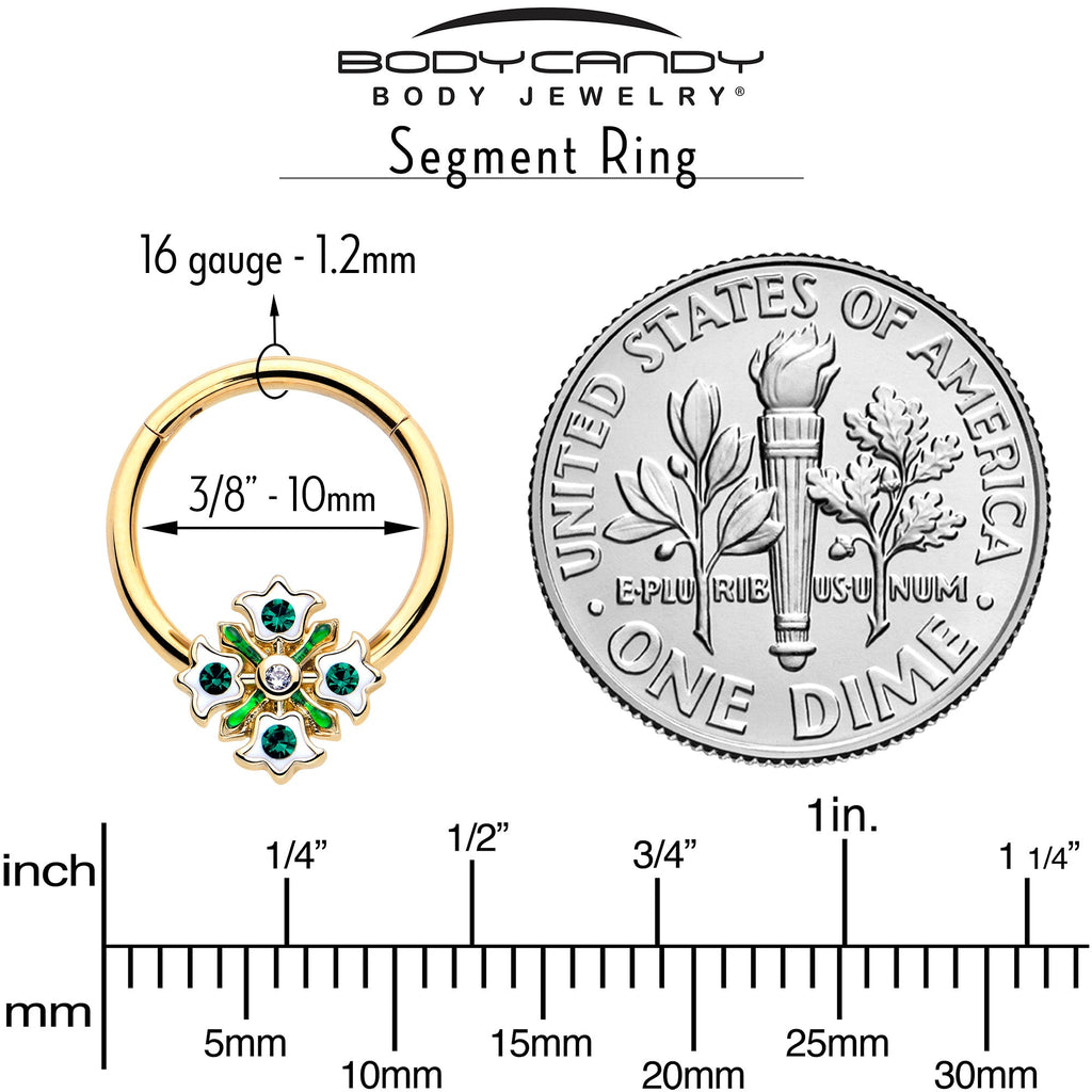 BodyCandy 16G 3/8 Green Gem Gold Tone Flower Wreath Hinged Segment Ring — side view
