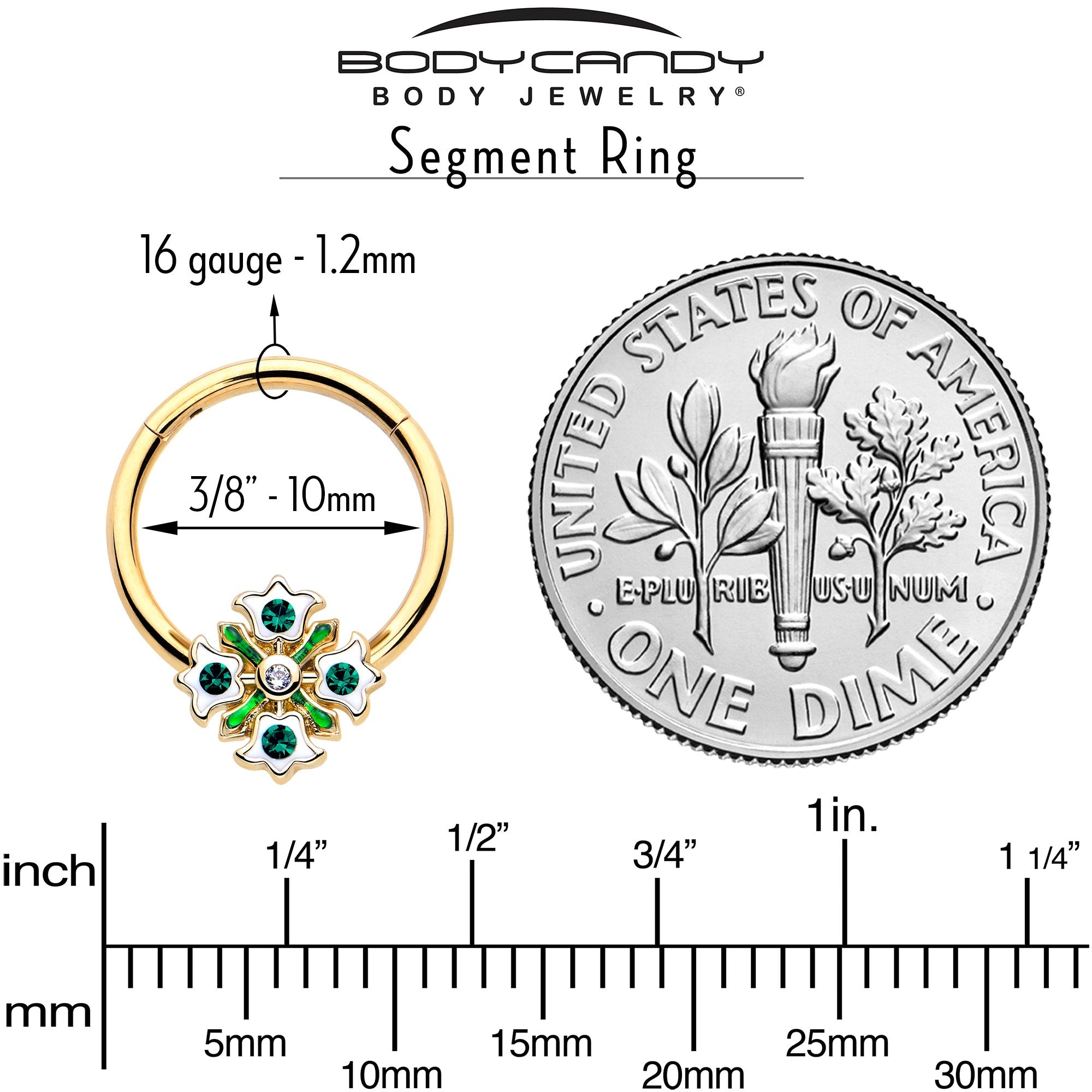 BodyCandy 16G 3/8 Green Gem Gold Tone Flower Wreath Hinged Segment Ring — side view
