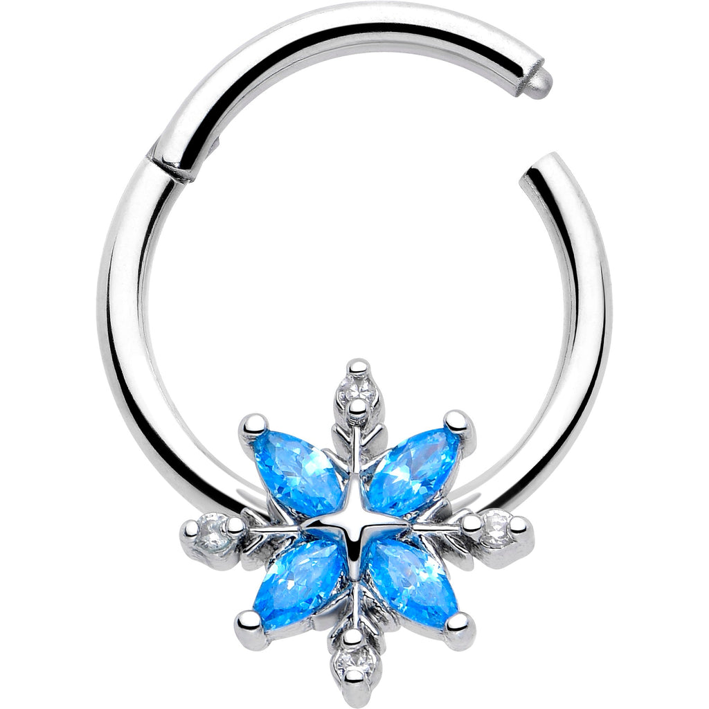 BodyCandy 16G 3/8 Blue CZ Gem Classic Flower Hinged Segment Ring — detail close-up