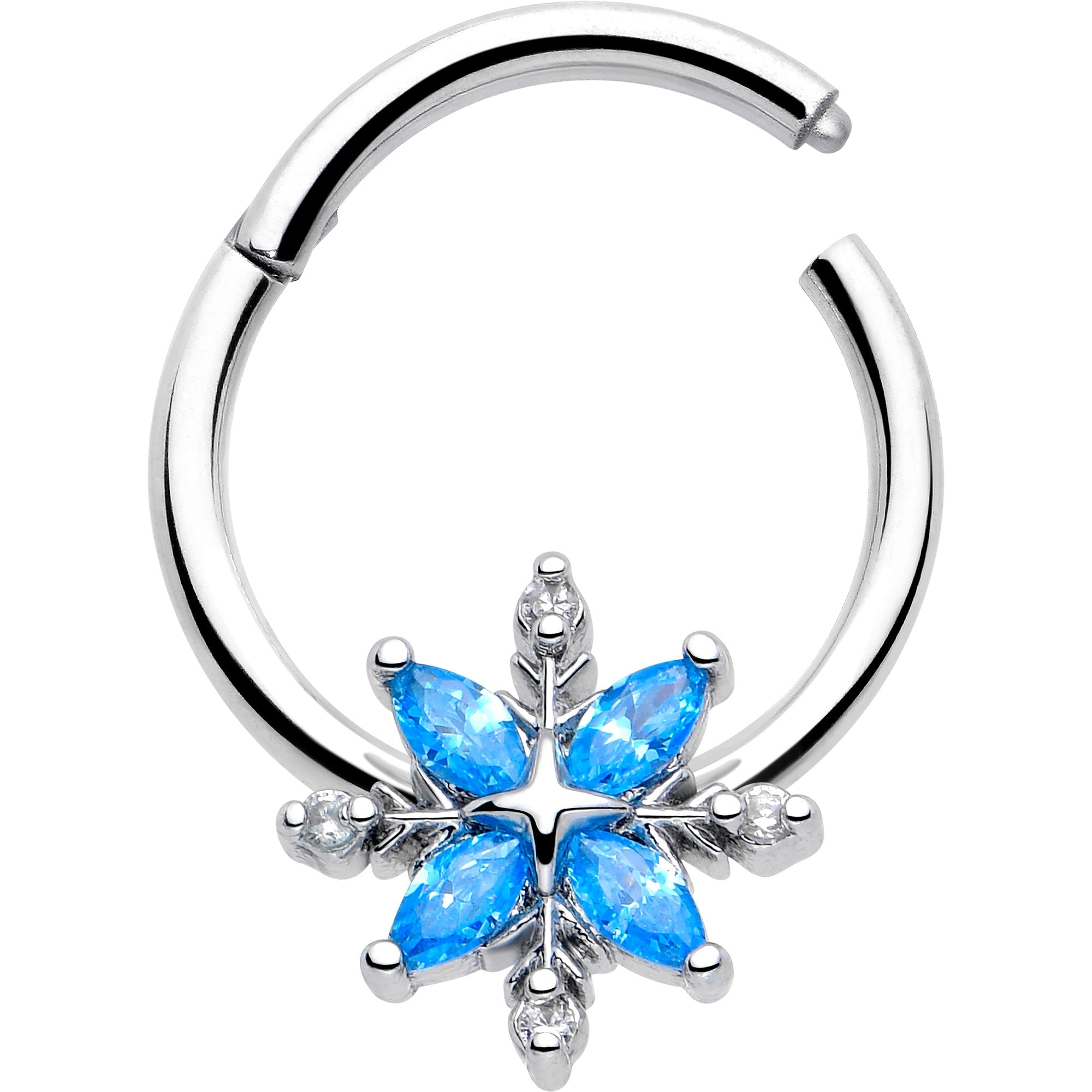 BodyCandy 16G 3/8 Blue CZ Gem Classic Flower Hinged Segment Ring — detail close-up