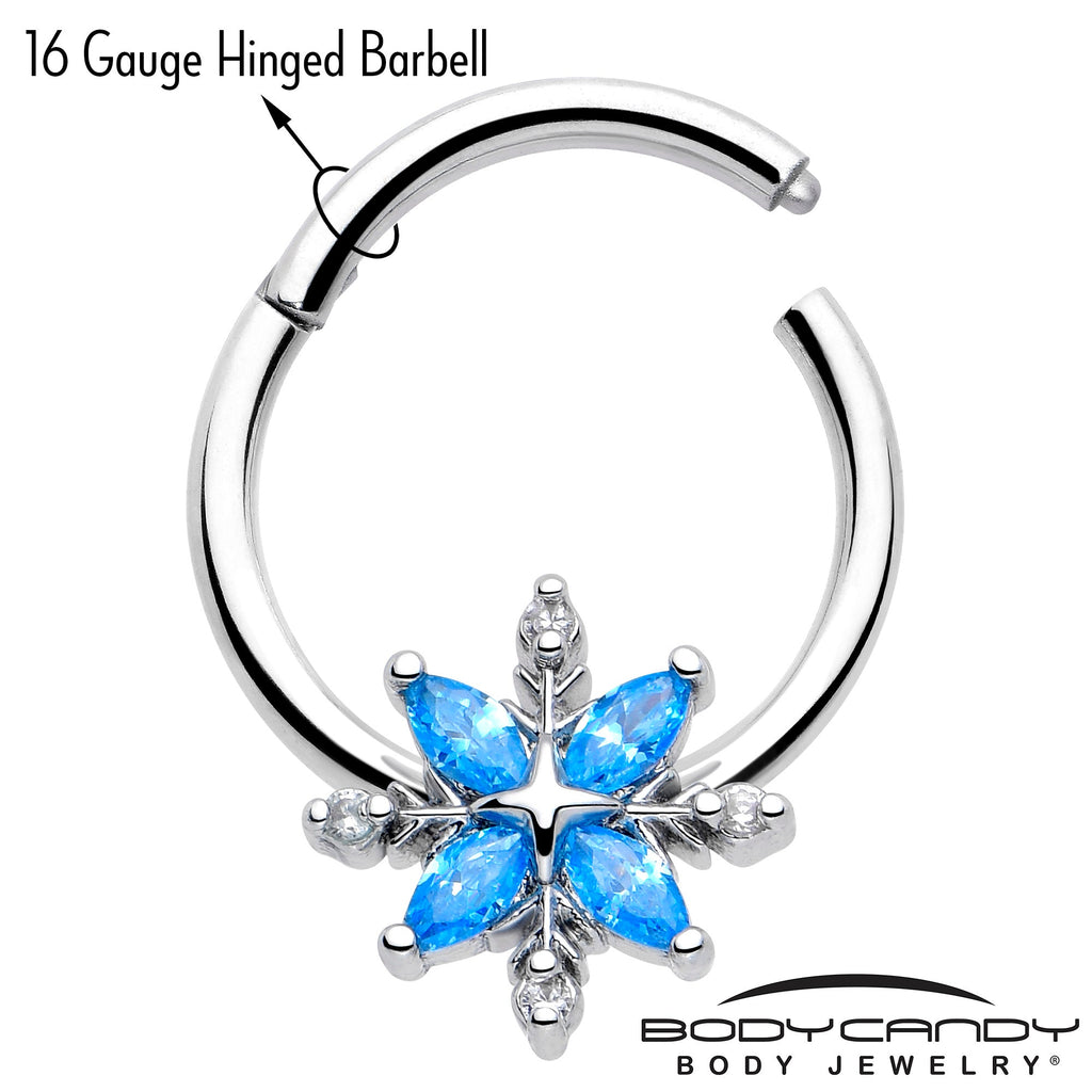 BodyCandy 16G 3/8 Blue CZ Gem Classic Flower Hinged Segment Ring — lifestyle context