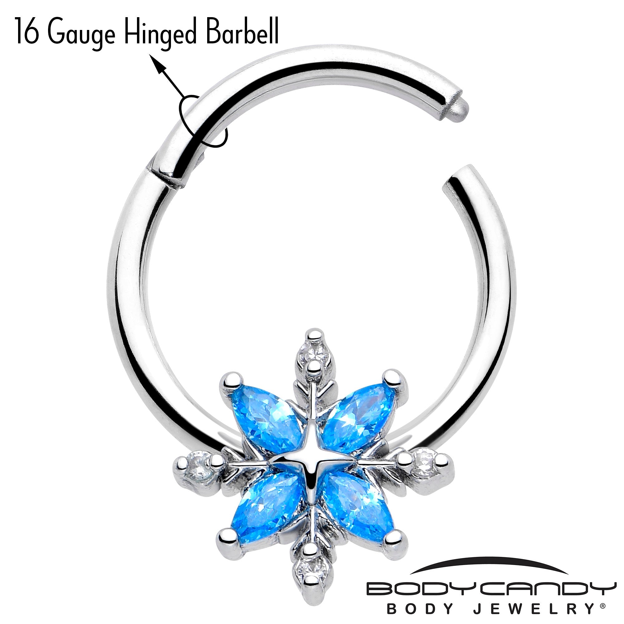 BodyCandy 16G 3/8 Blue CZ Gem Classic Flower Hinged Segment Ring — lifestyle context
