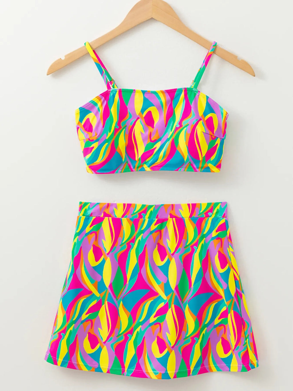 Multicolour Abstract Print Textured Spaghetti Strap High Waist Bikini Set