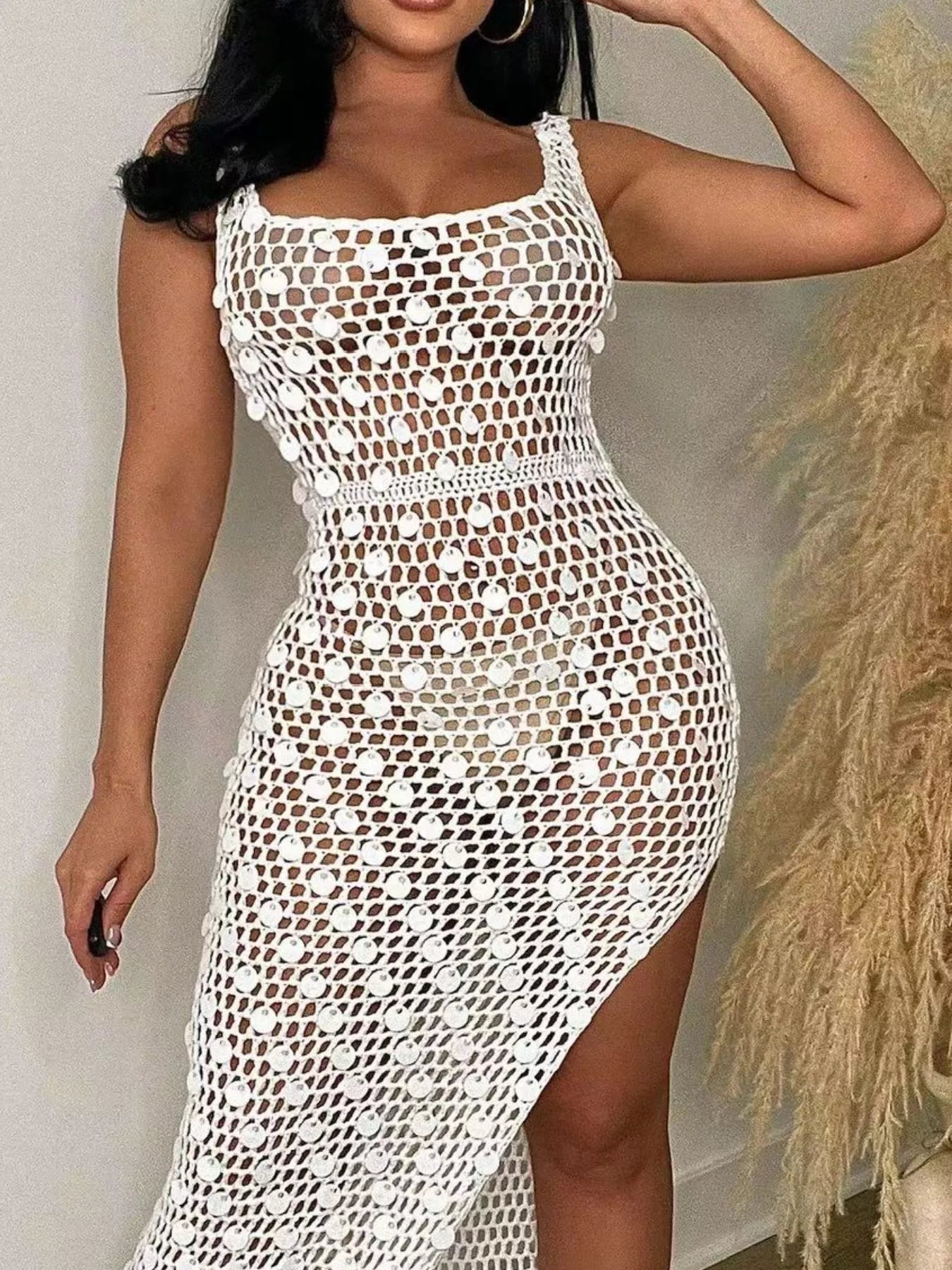 Sequin Embellished Crochet Maxi Dress with High Slit
