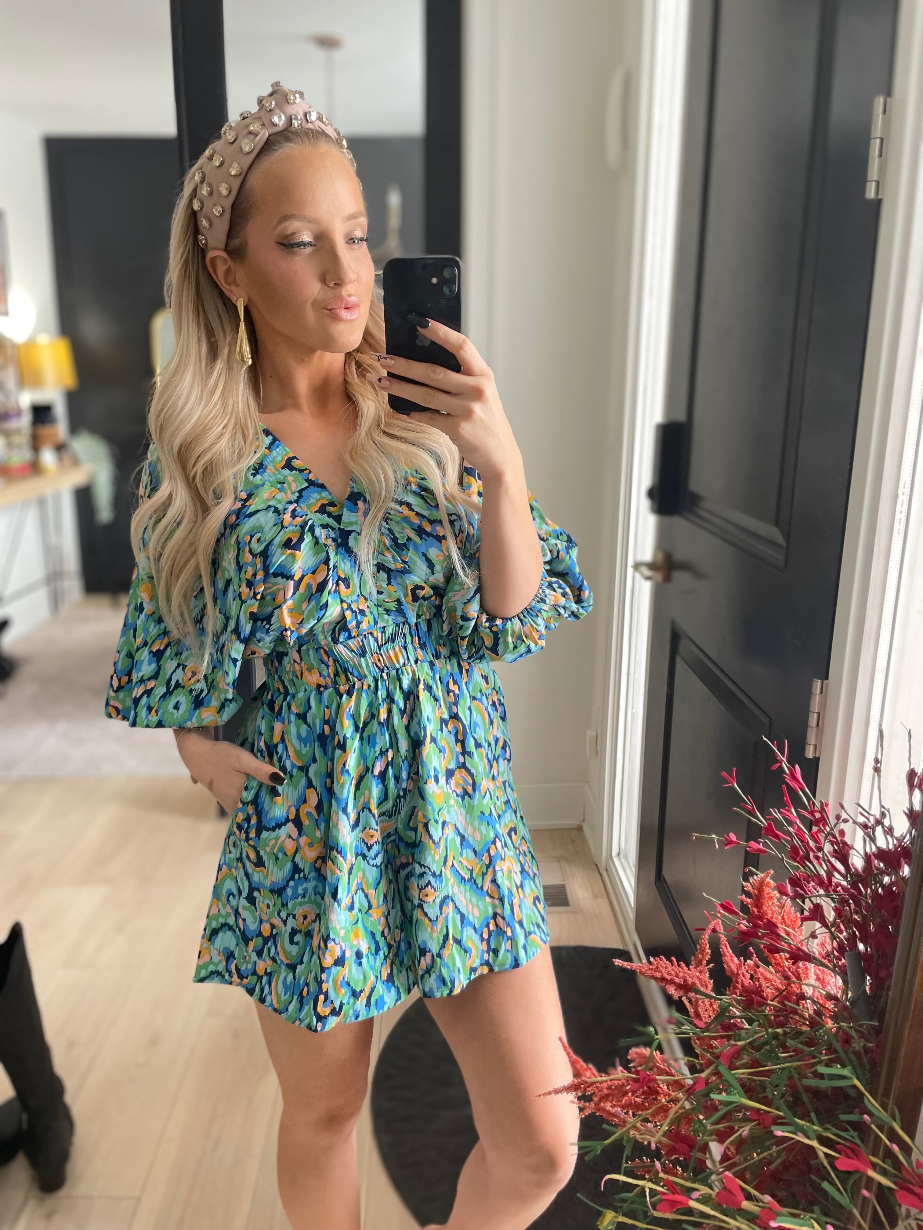 Pretty Little Patriot Pretty Little Patriot Blue & Green Malibu Romper — Blue detail